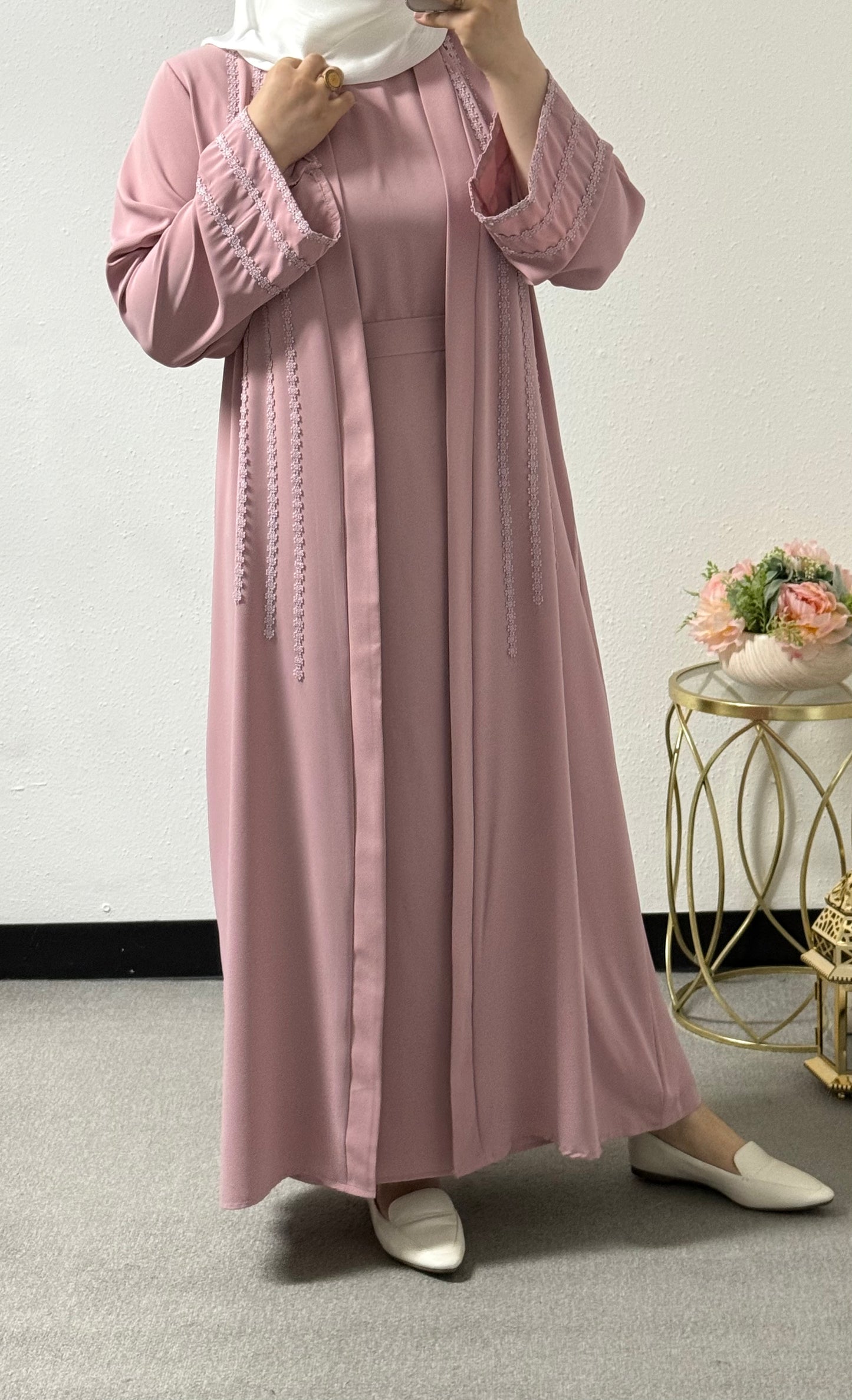 Two piece flower lace abaya