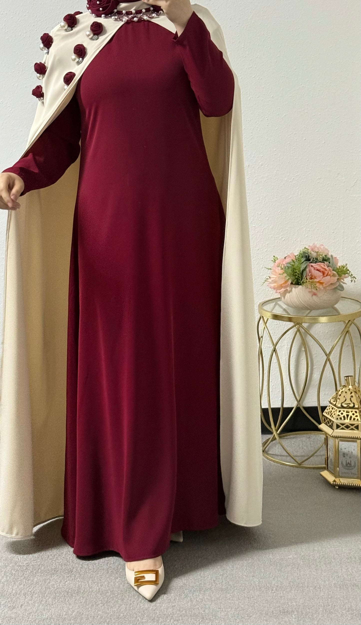 Two piece rose/pearl abaya set