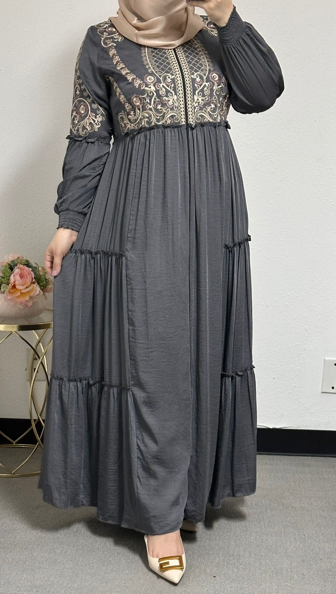 Embroidered Cloak Abaya with Back Belt