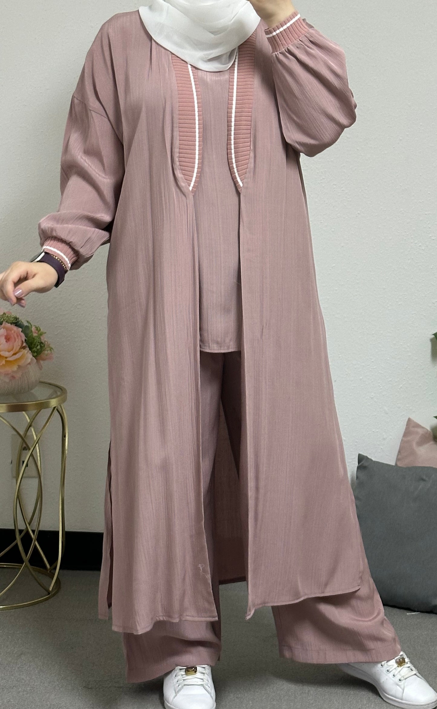 Three-piece set including a long cardigan, inner blouse, and pants