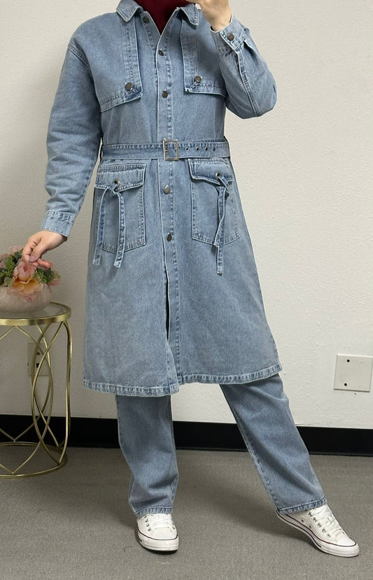 Long Denim Jacket with Belt