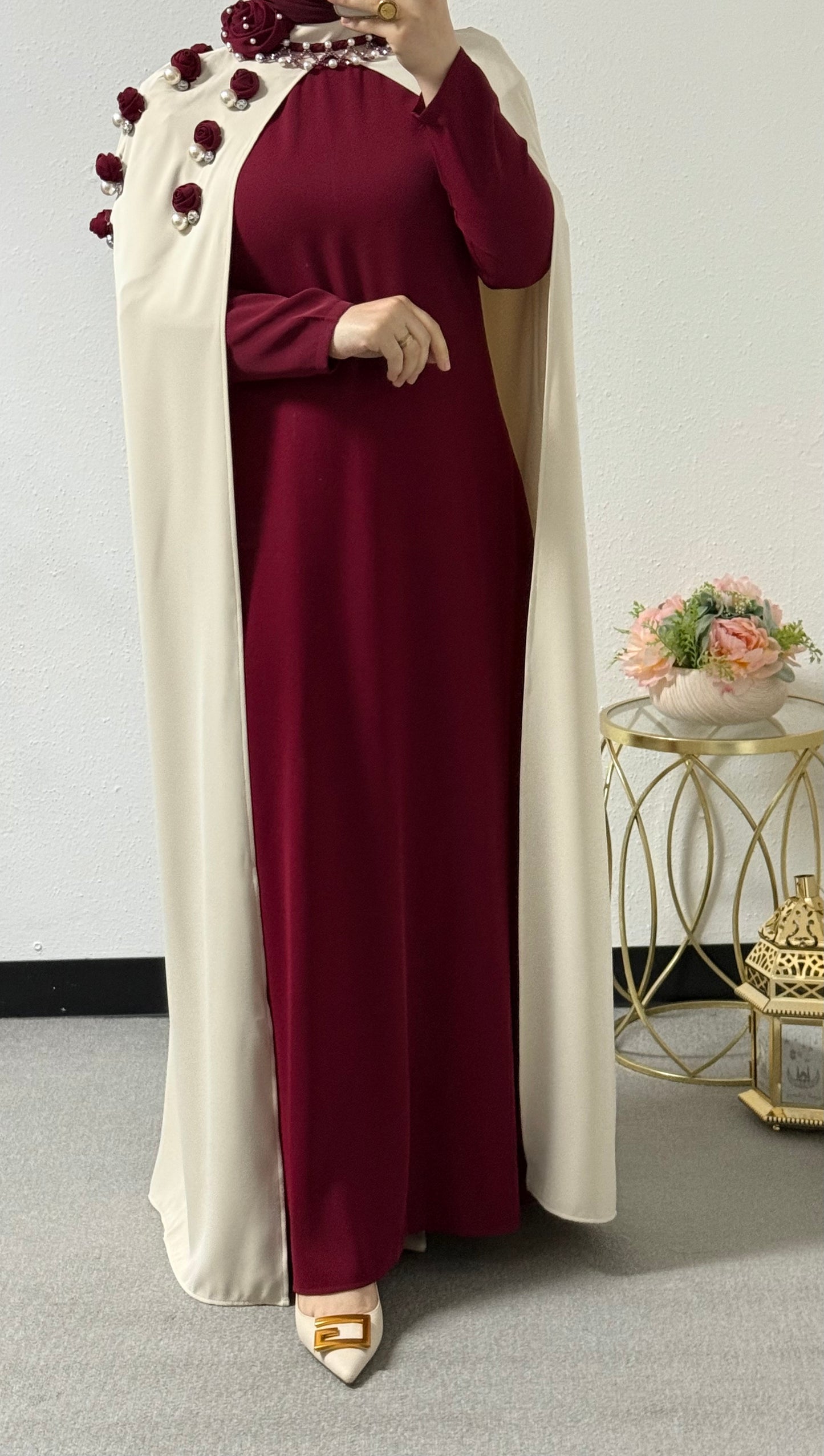 Two piece rose/pearl abaya set