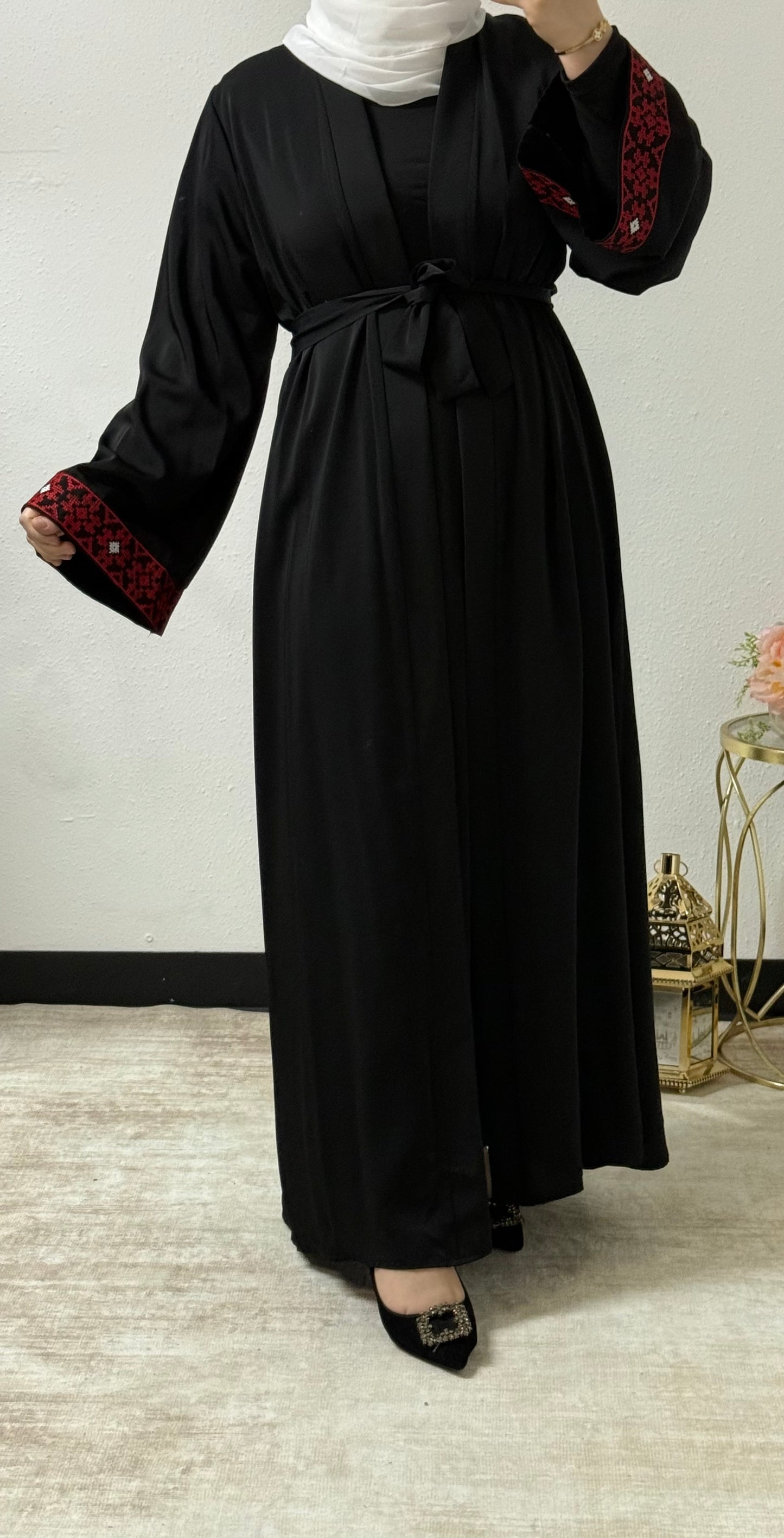 Palestinian style embroidery open abaya