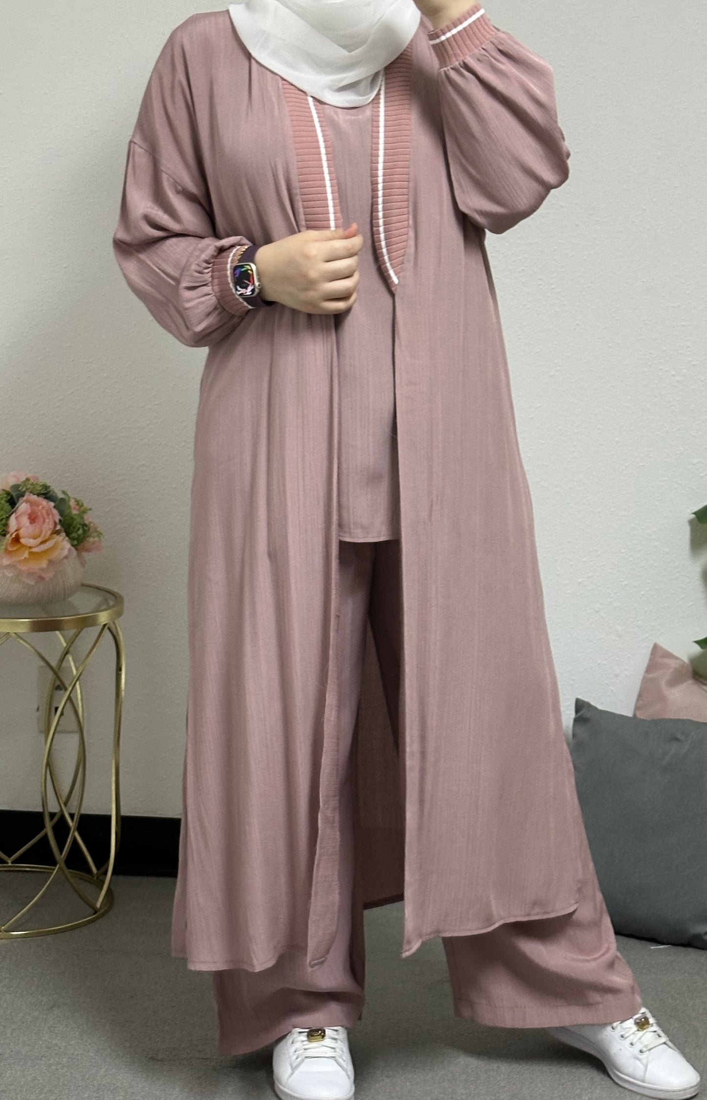 Three-piece set including a long cardigan, inner blouse, and pants