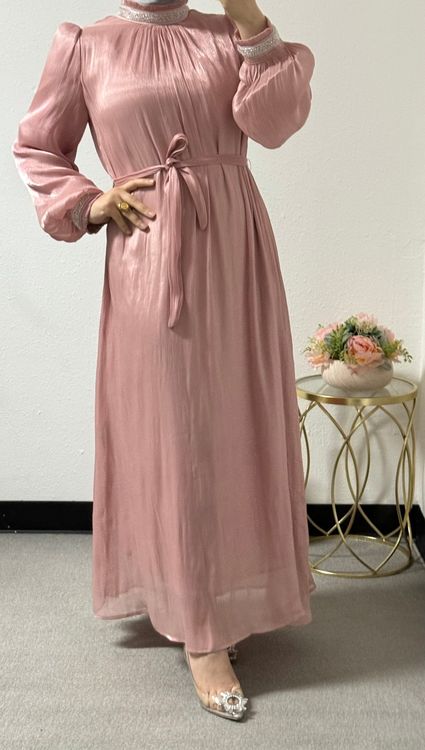 Eid Organza Dress with Accessories on the Neck and Sleeves