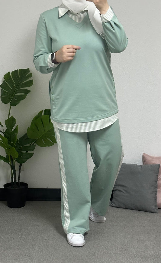 Two-piece cotton tracksuit with an attached striped shirt