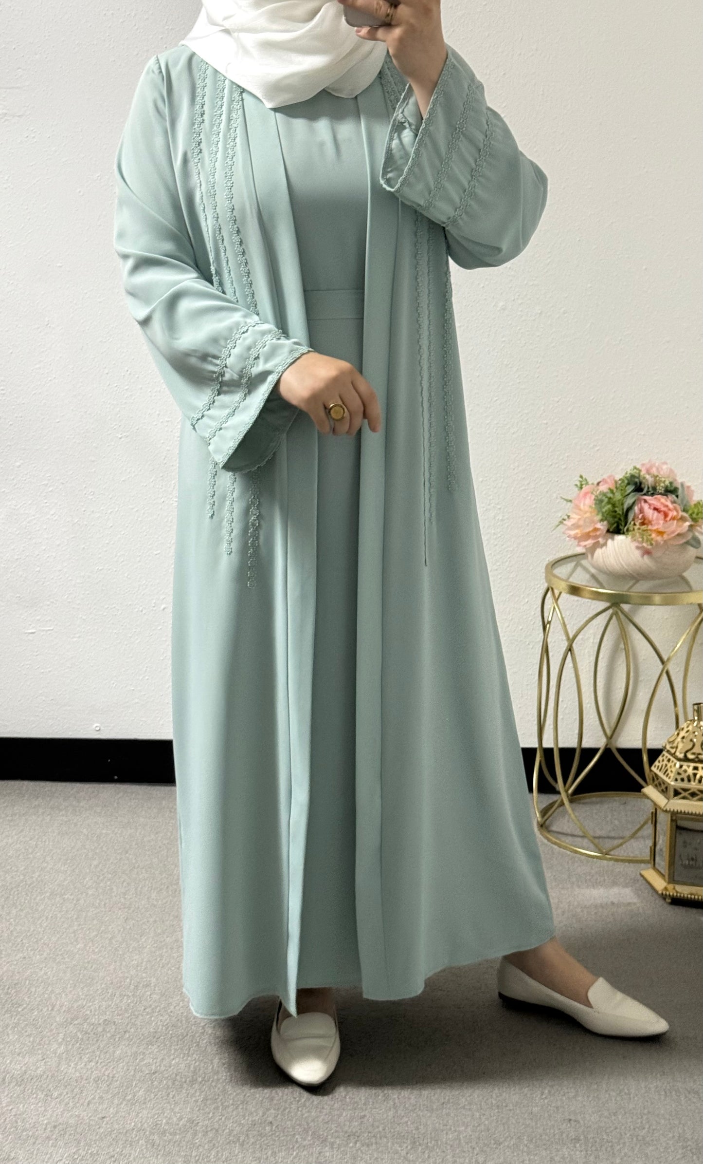 Two piece flower lace abaya