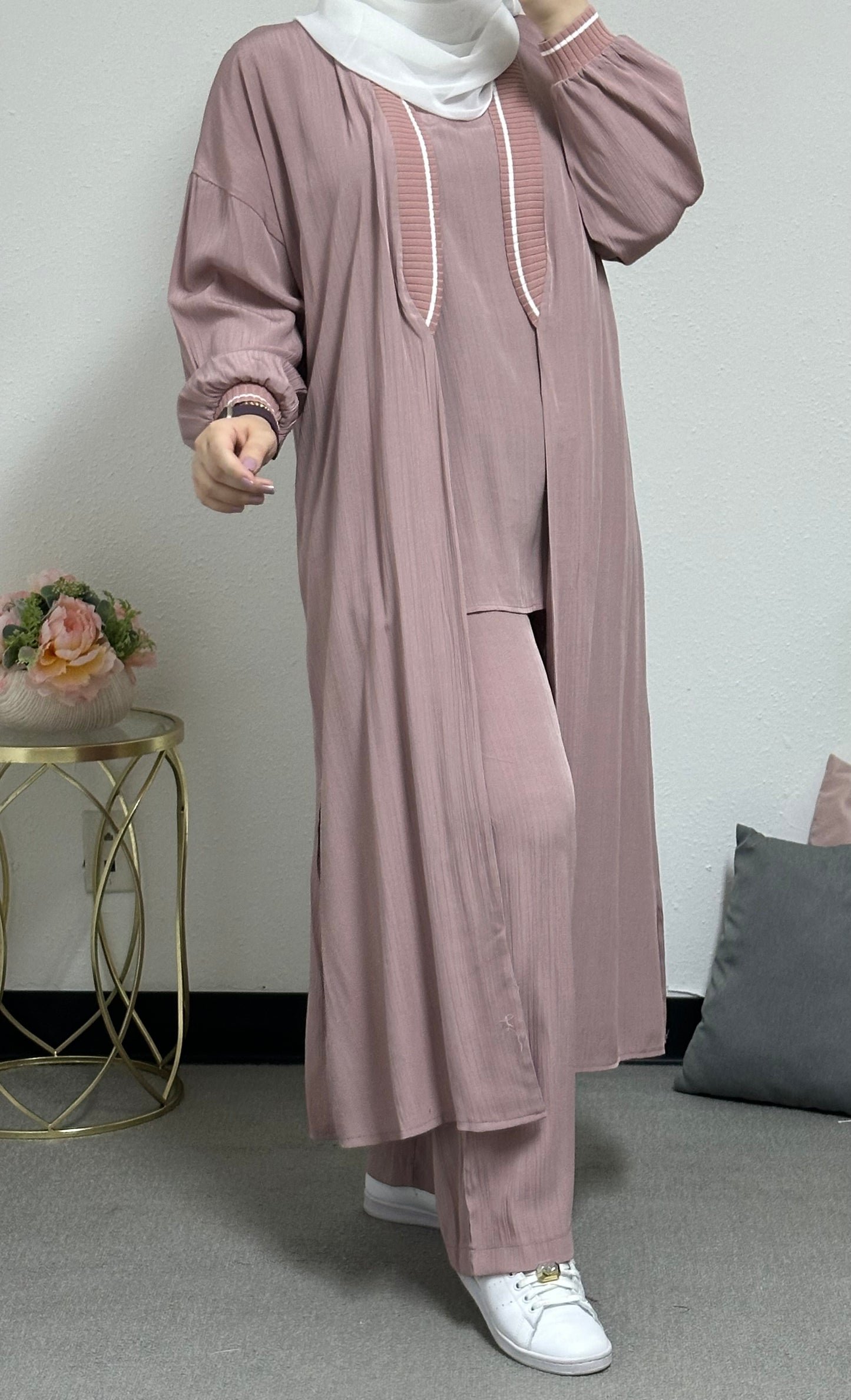 Three-piece set including a long cardigan, inner blouse, and pants