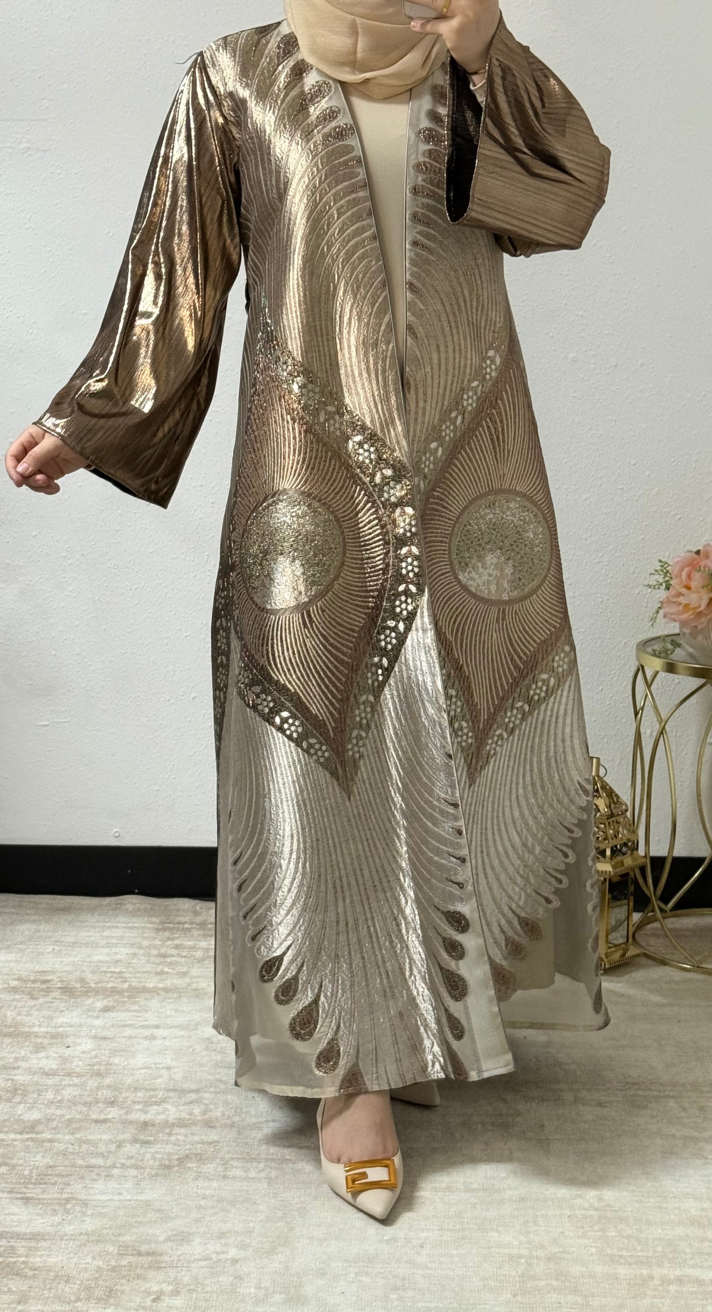 Peacock feather print open abaya