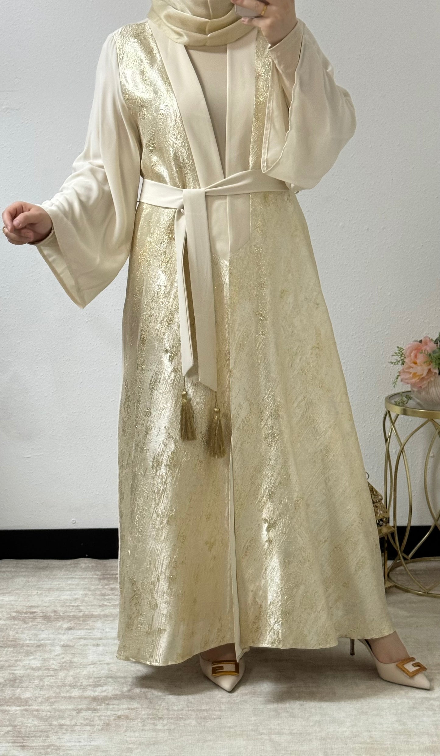 Gold accent open abaya