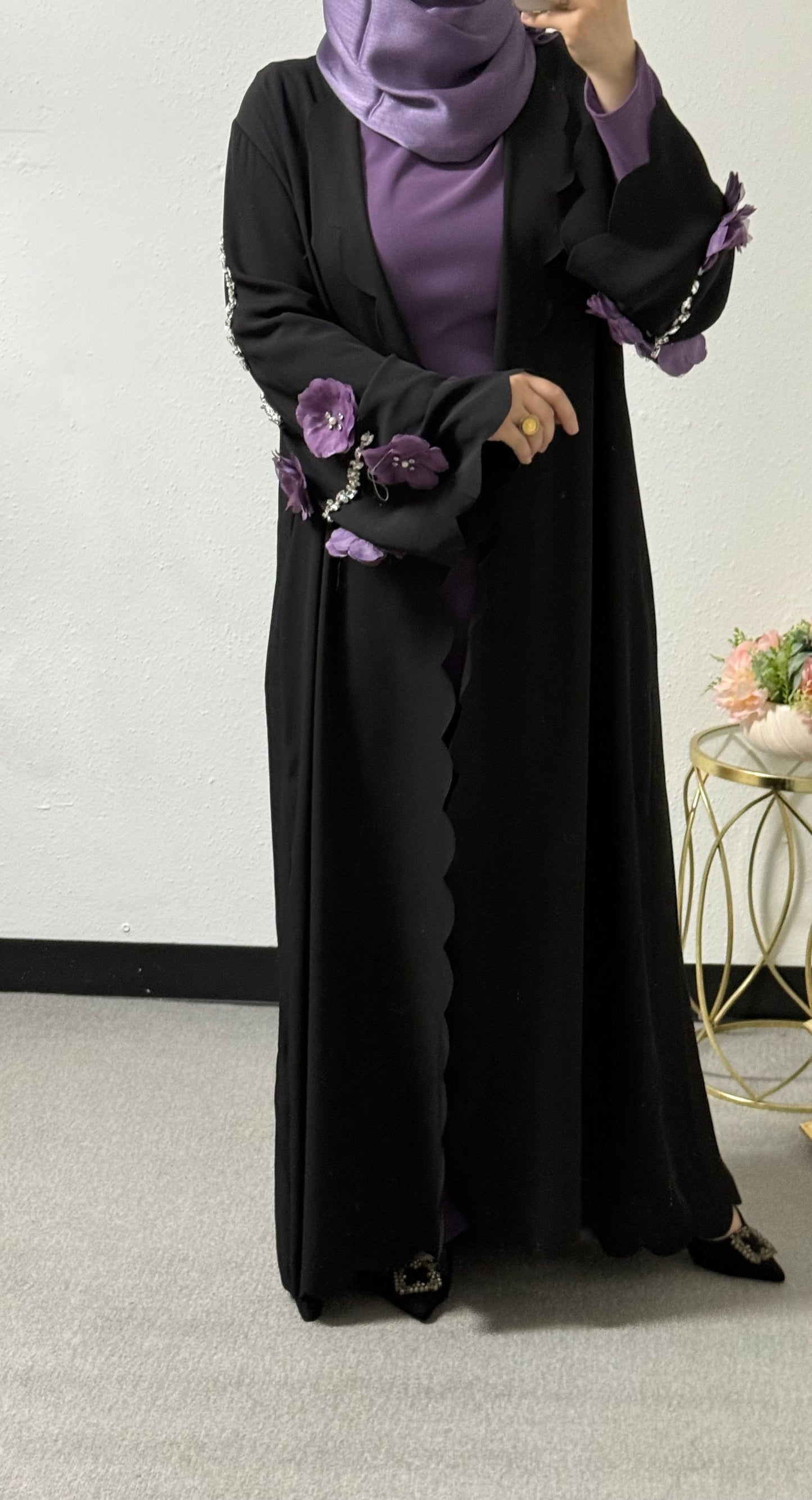 Three piece floral sleeves abaya set