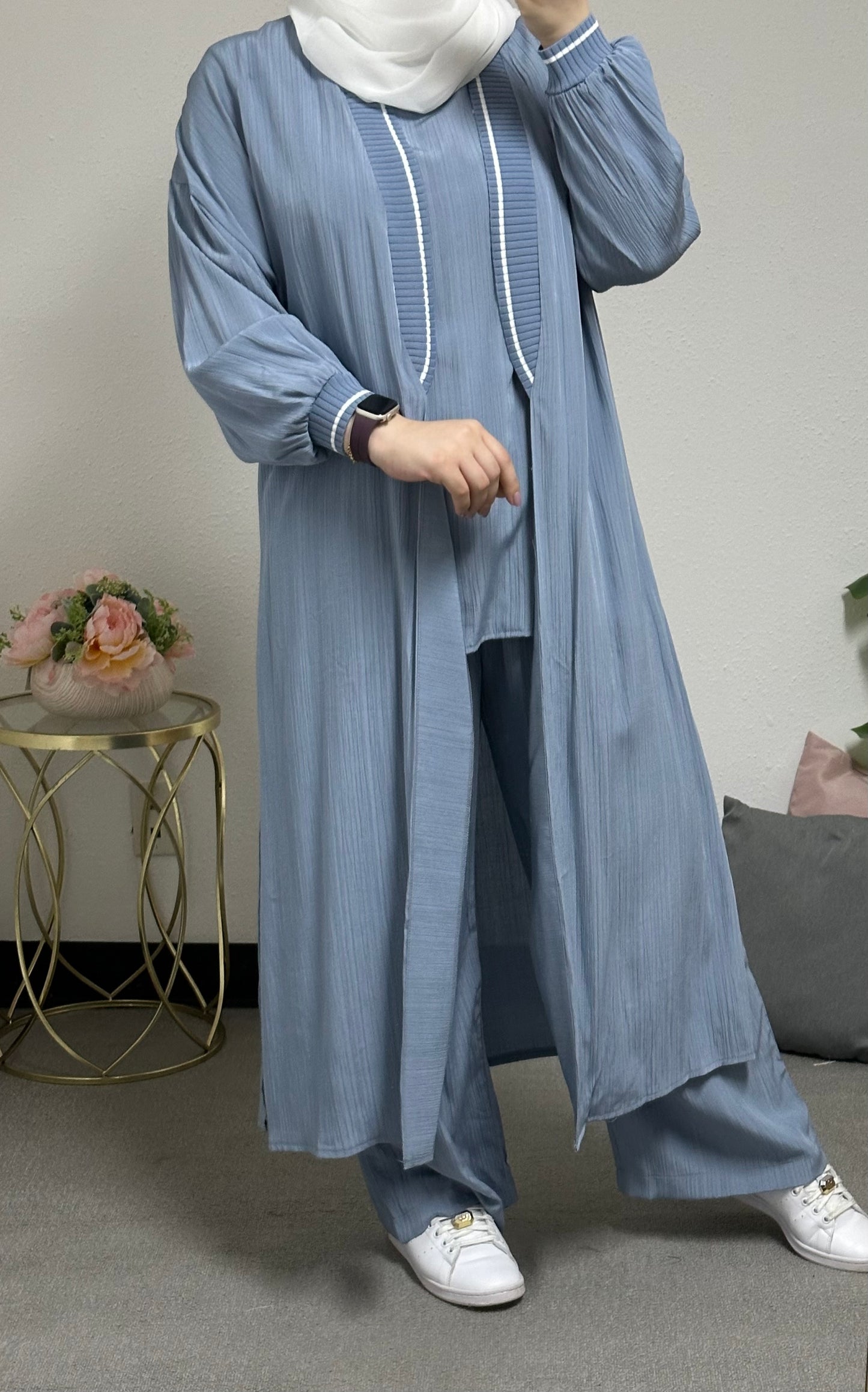 Three-piece set including a long cardigan, inner blouse, and pants