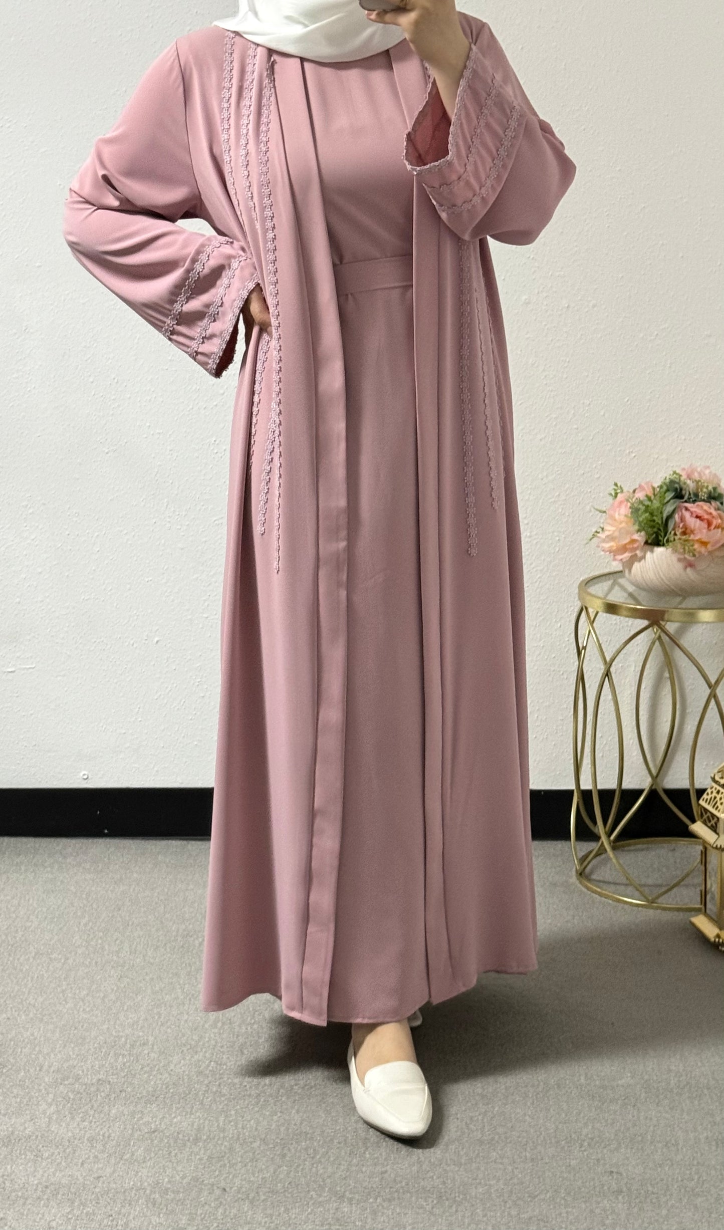 Two piece flower lace abaya