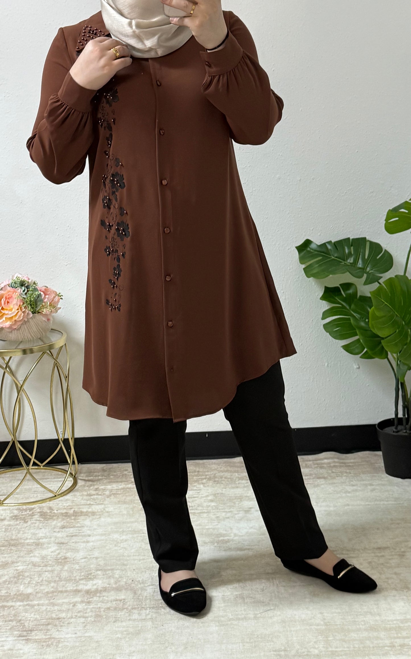 Floral/pearl long shirt