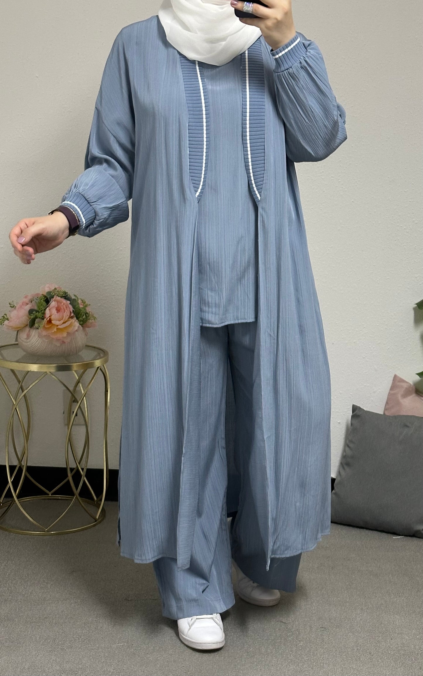 Three-piece set including a long cardigan, inner blouse, and pants