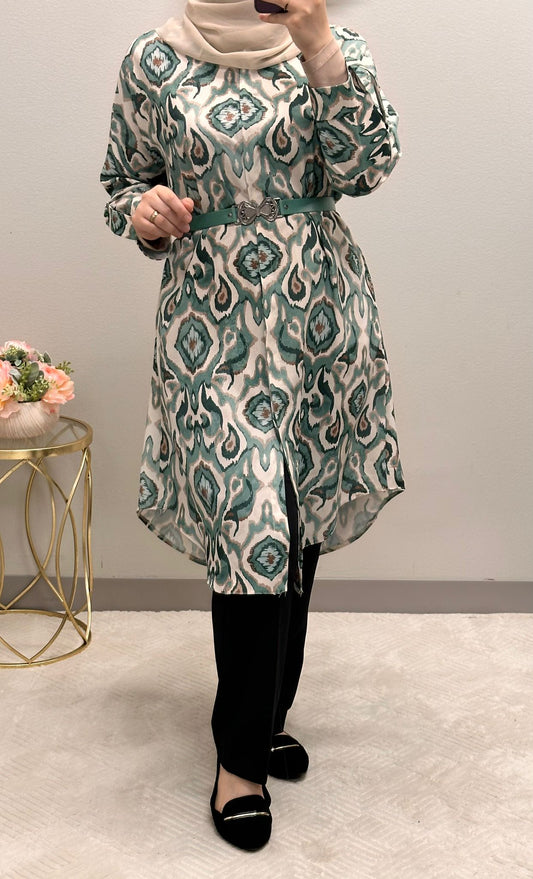 Modest long printed shirt with leather belt