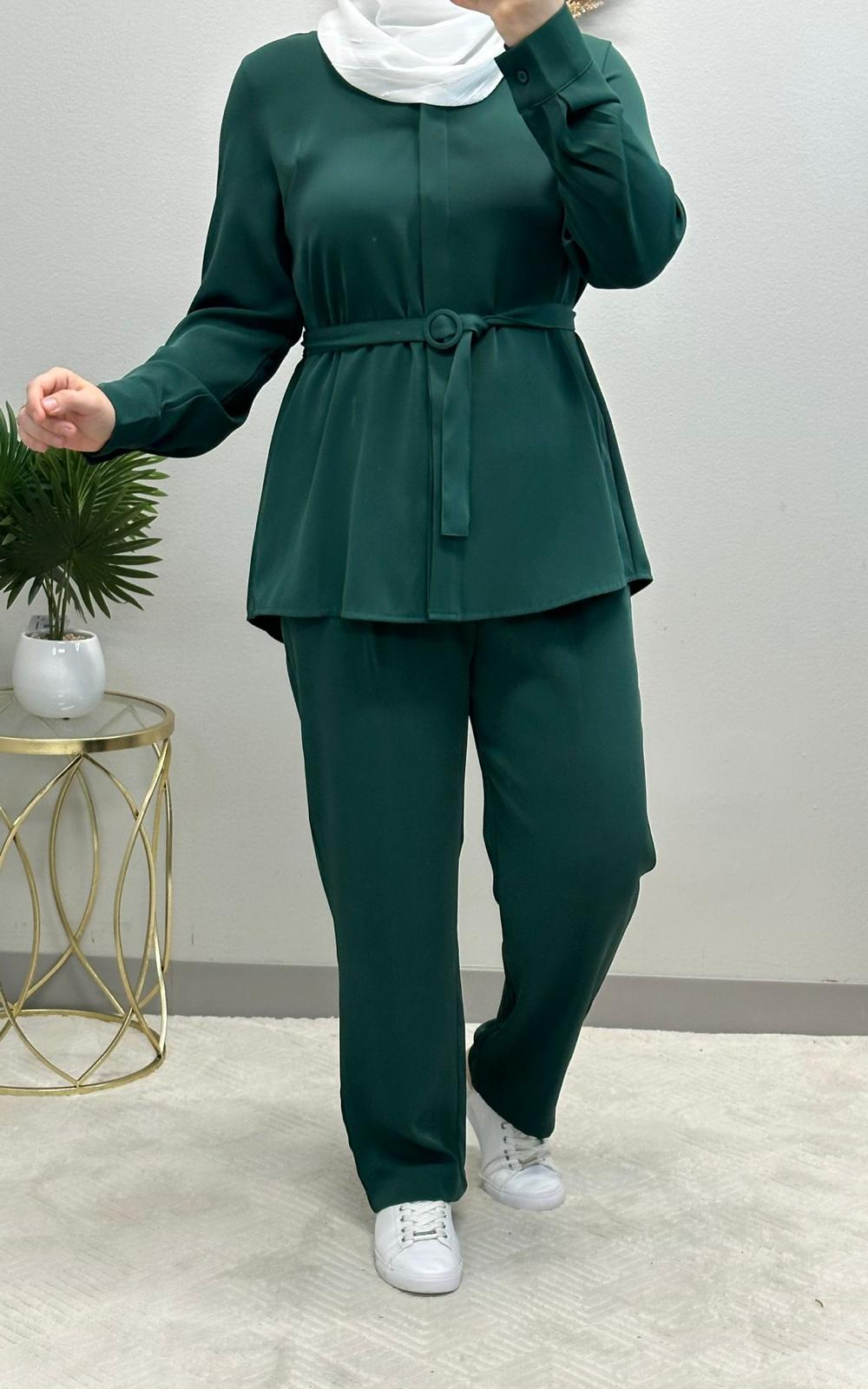 Two-piece set with belted blouse and hidden buttons comes in 4 colors