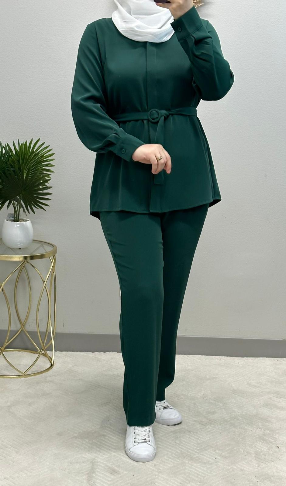 Two-piece set with belted blouse and hidden buttons comes in 4 colors