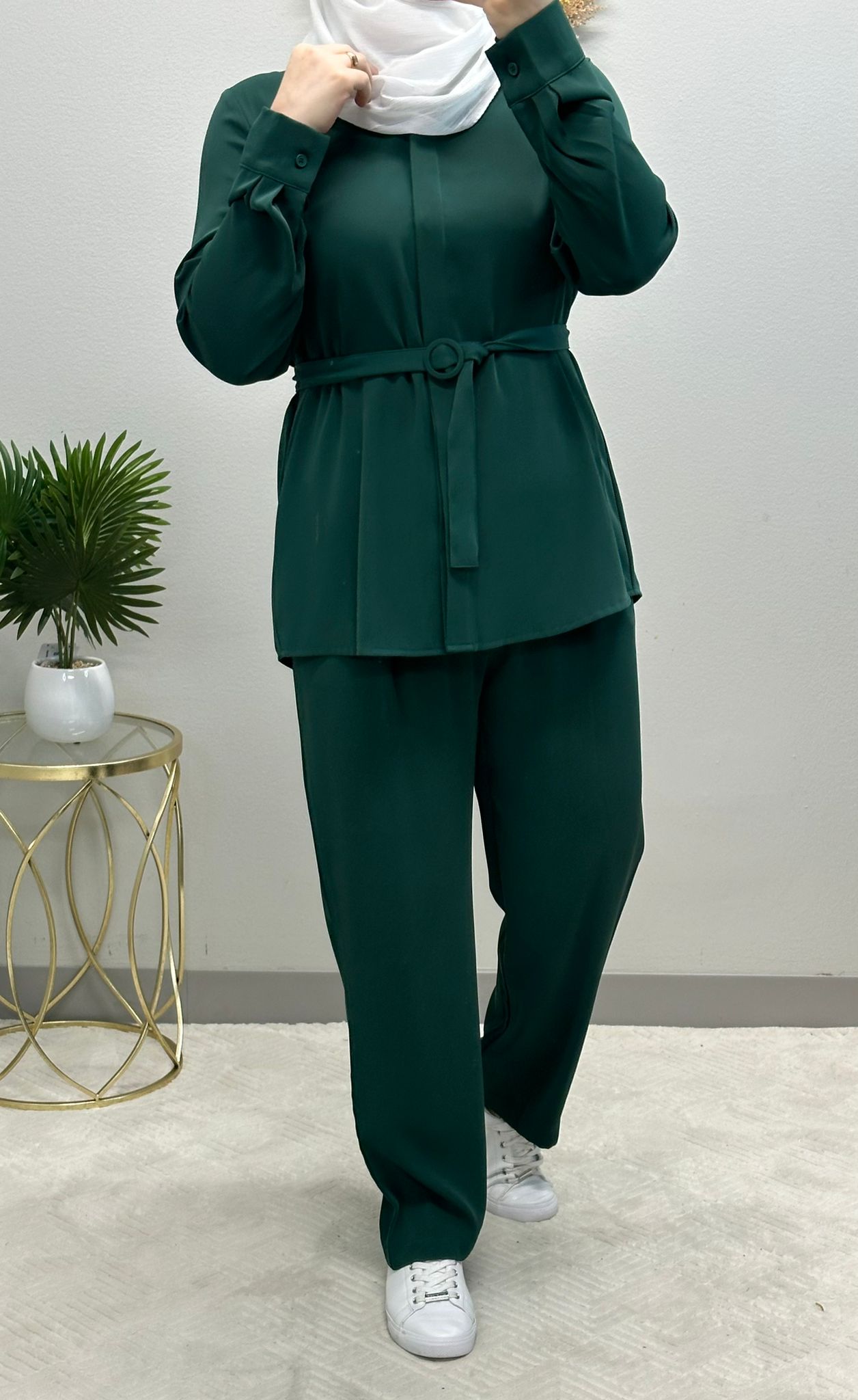 Two-piece set with belted blouse and hidden buttons comes in 4 colors