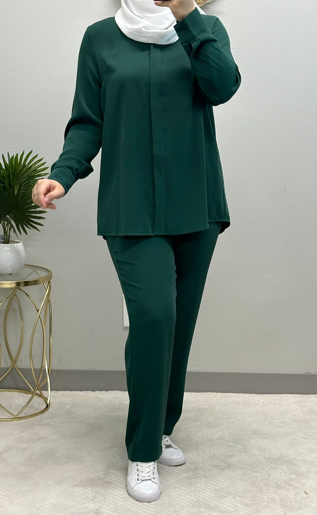 Two-piece set with belted blouse and hidden buttons comes in 4 colors