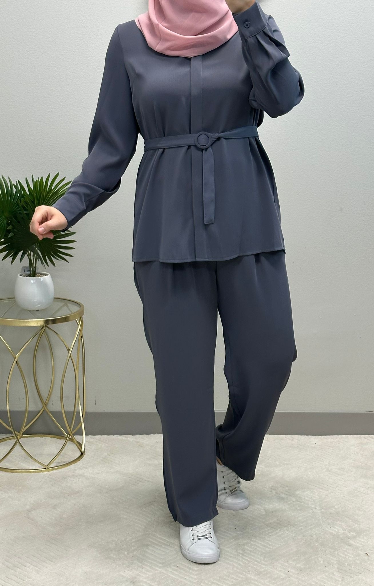 Two-piece set with belted blouse and hidden buttons comes in 4 colors