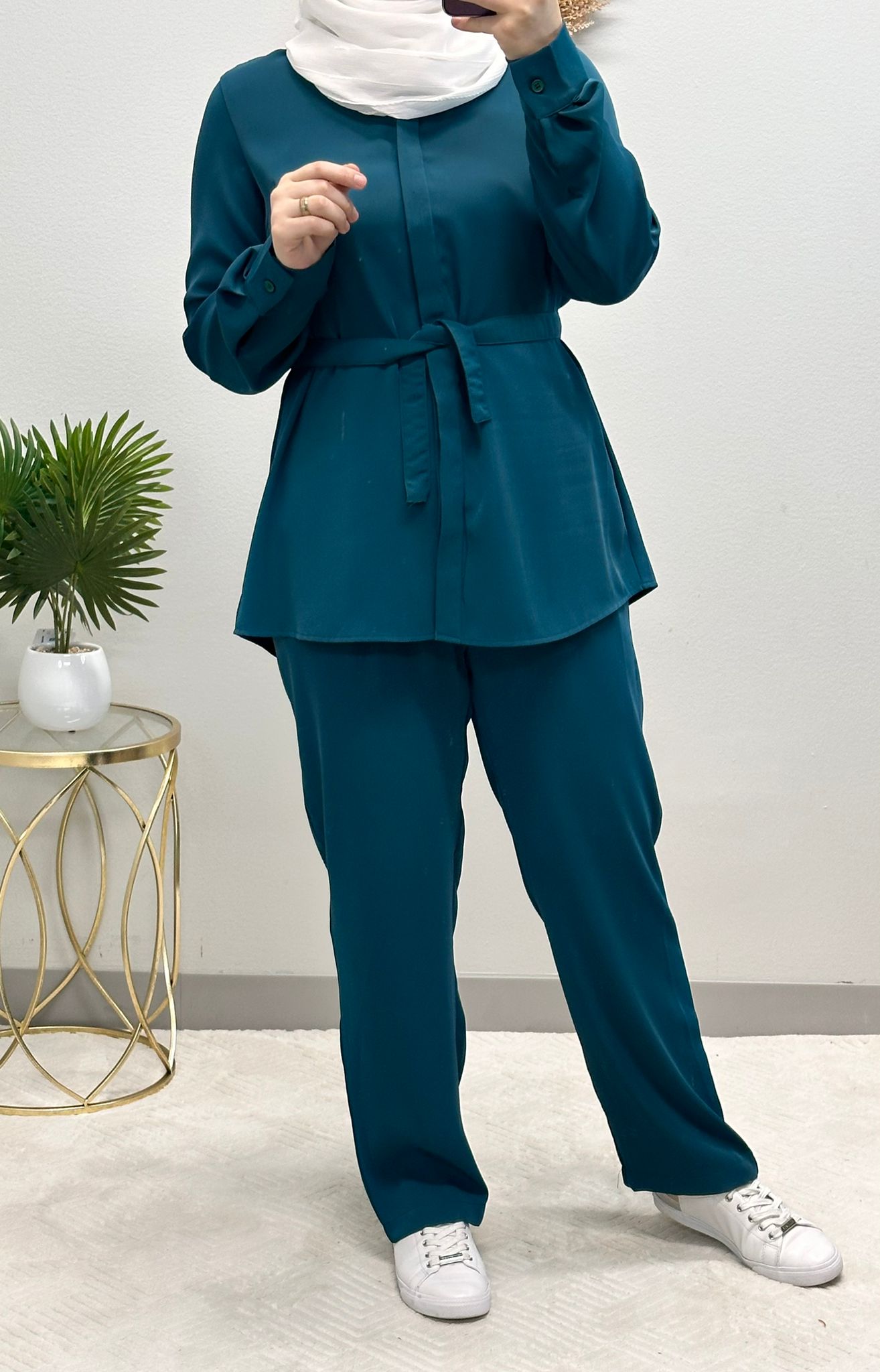 Two-piece set with belted blouse and hidden buttons comes in 4 colors