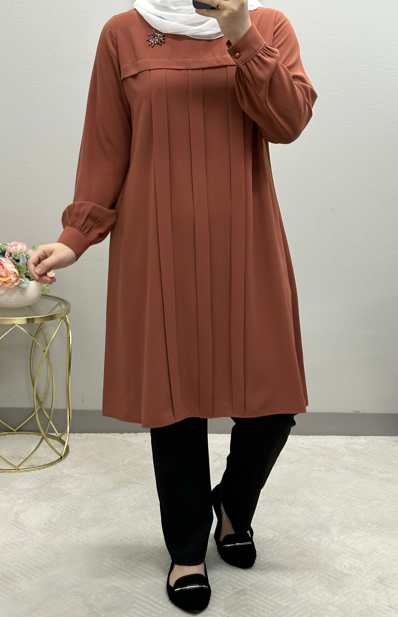 Modest Tunic front pleated blouse adorned with brush