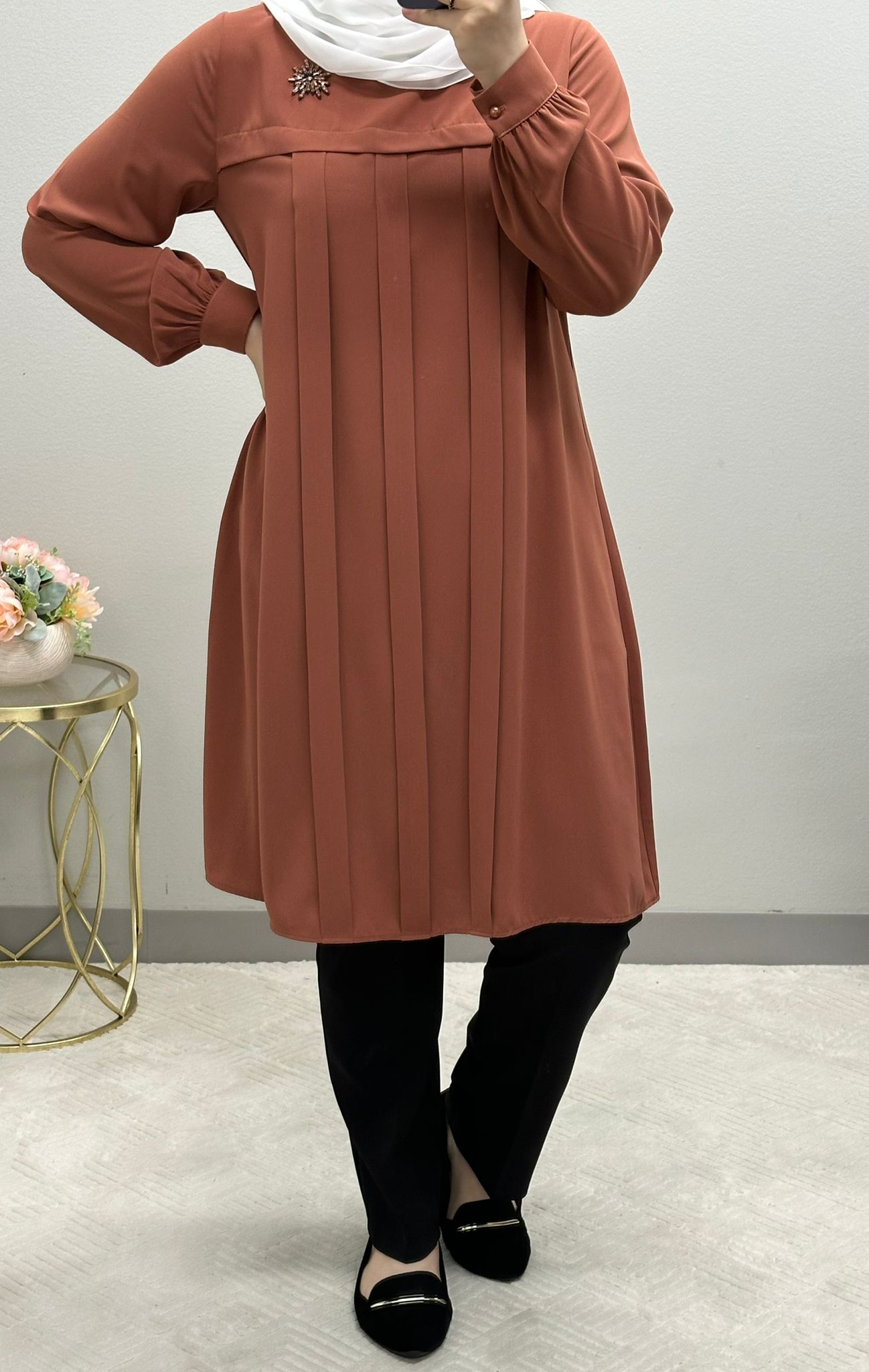 Modest Tunic front pleated blouse adorned with brush