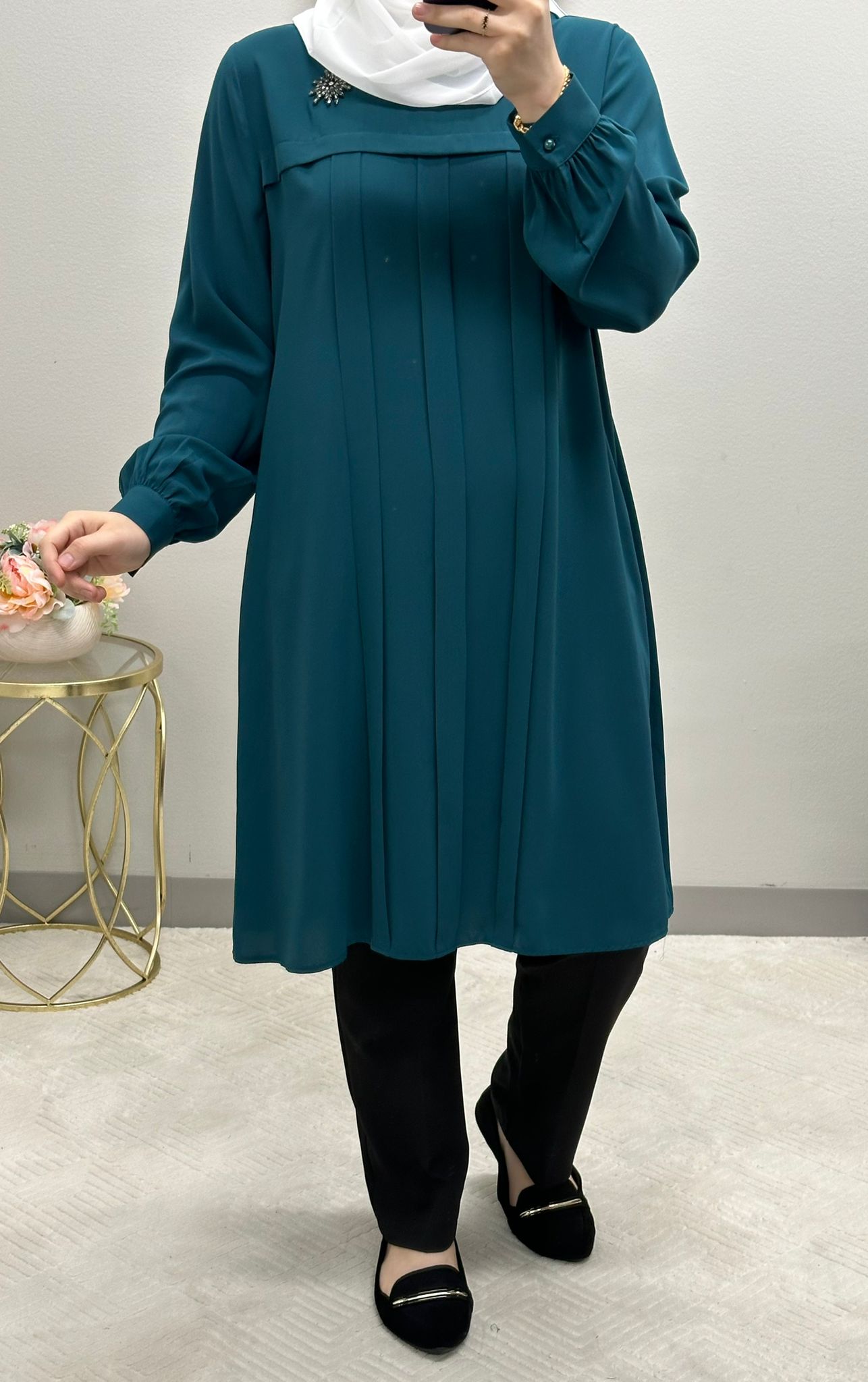 Modest Tunic front pleated blouse adorned with brush