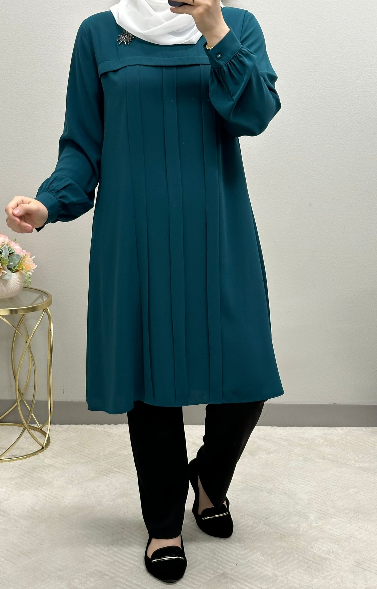 Modest Tunic front pleated blouse adorned with brush