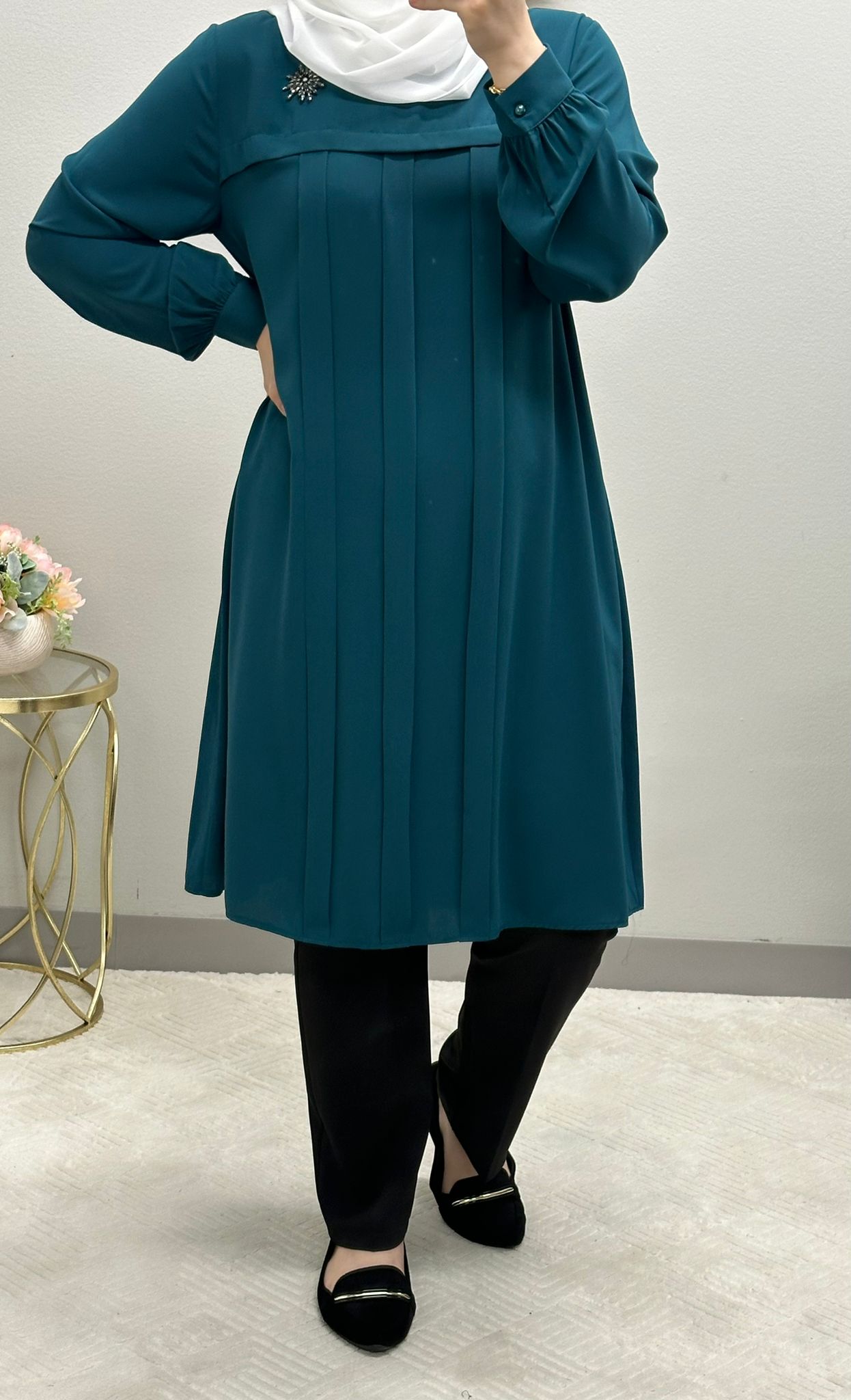 Modest Tunic front pleated blouse adorned with brush