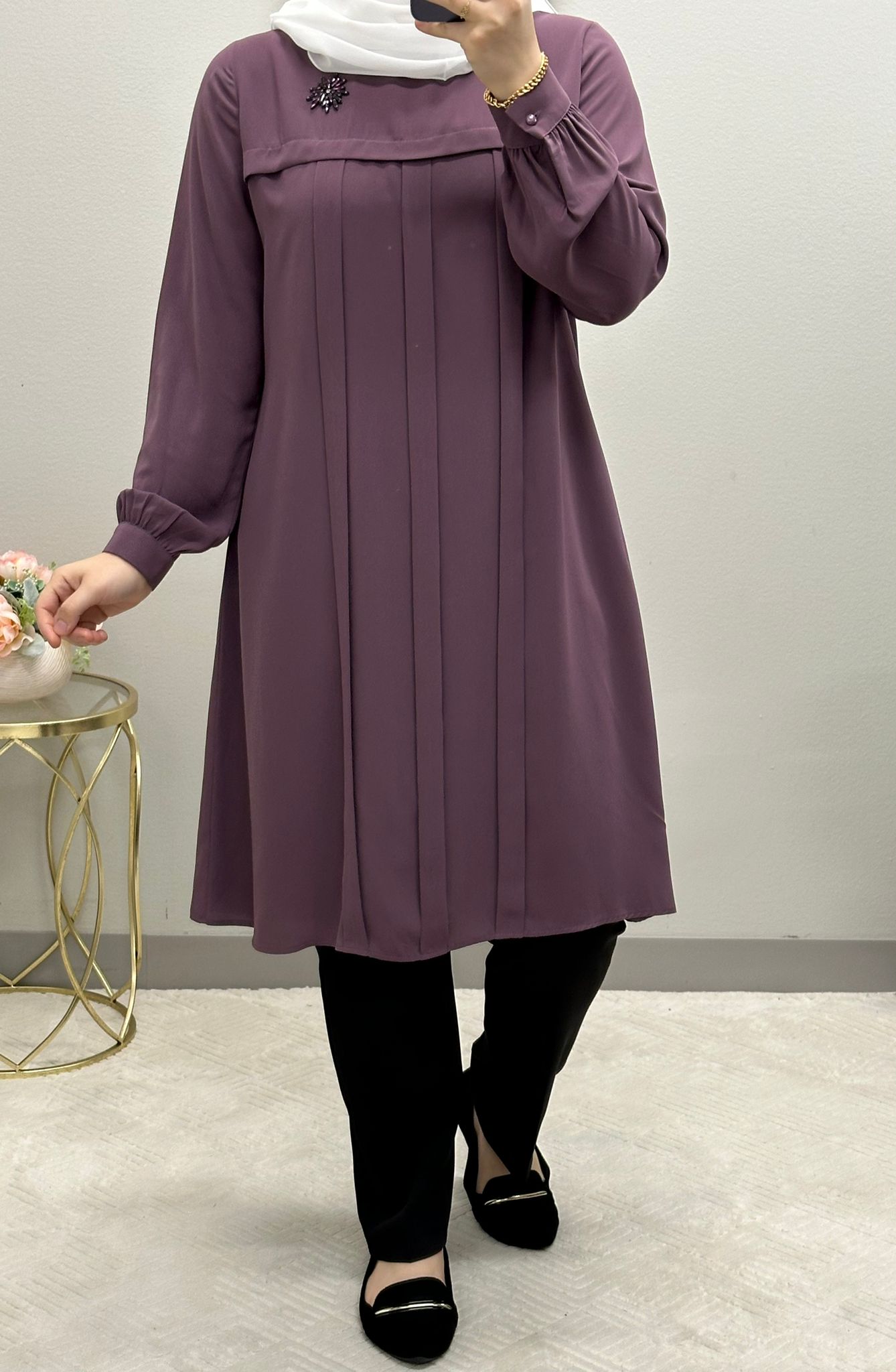 Modest Tunic front pleated blouse adorned with brush