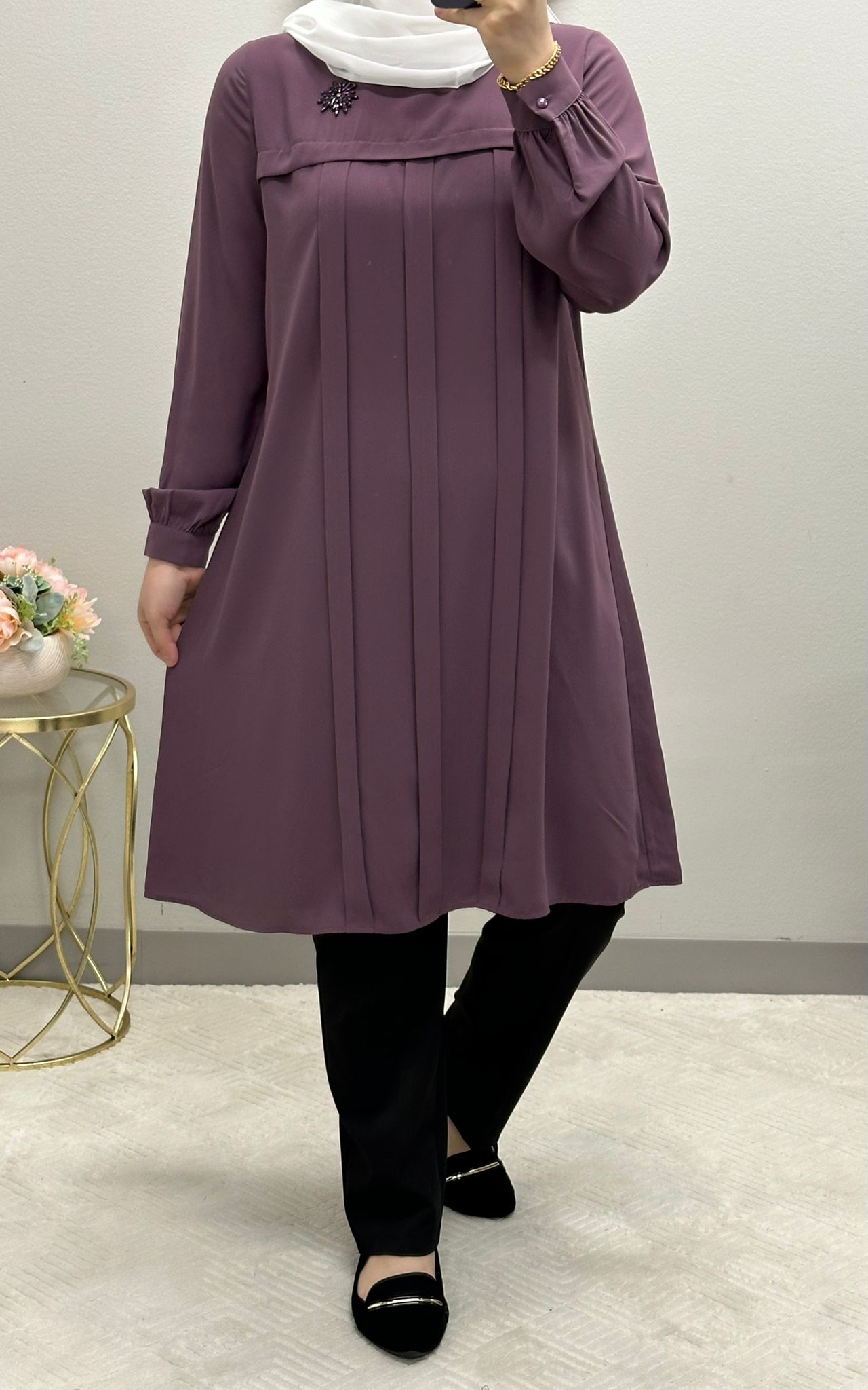 Modest Tunic front pleated blouse adorned with brush