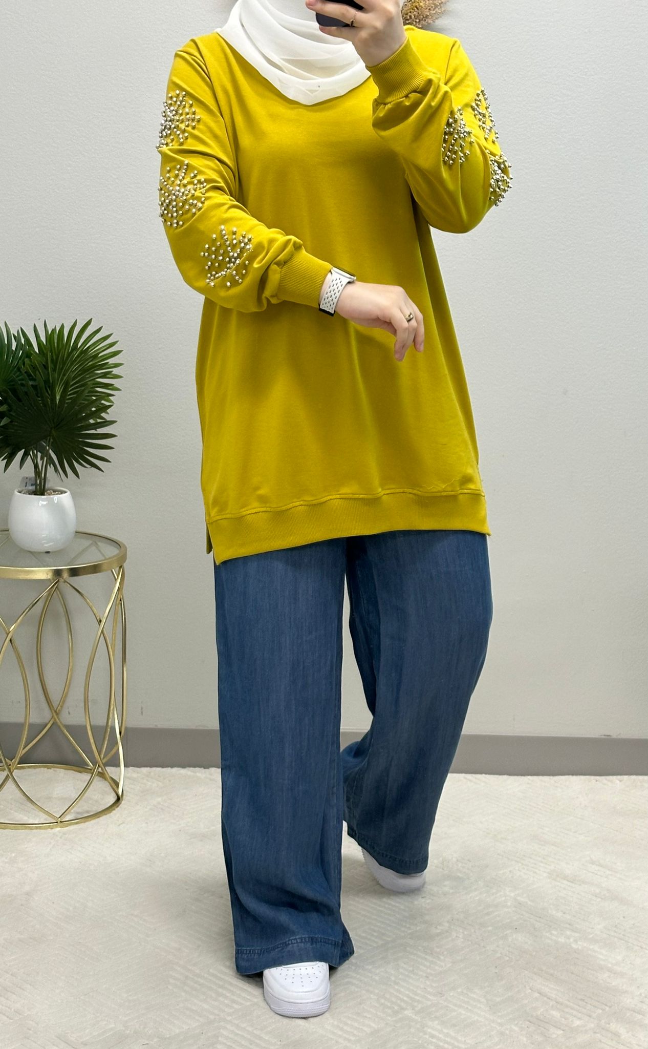 Pure cotton modest soft Sweatshirt Tunic strass embellished sleeves