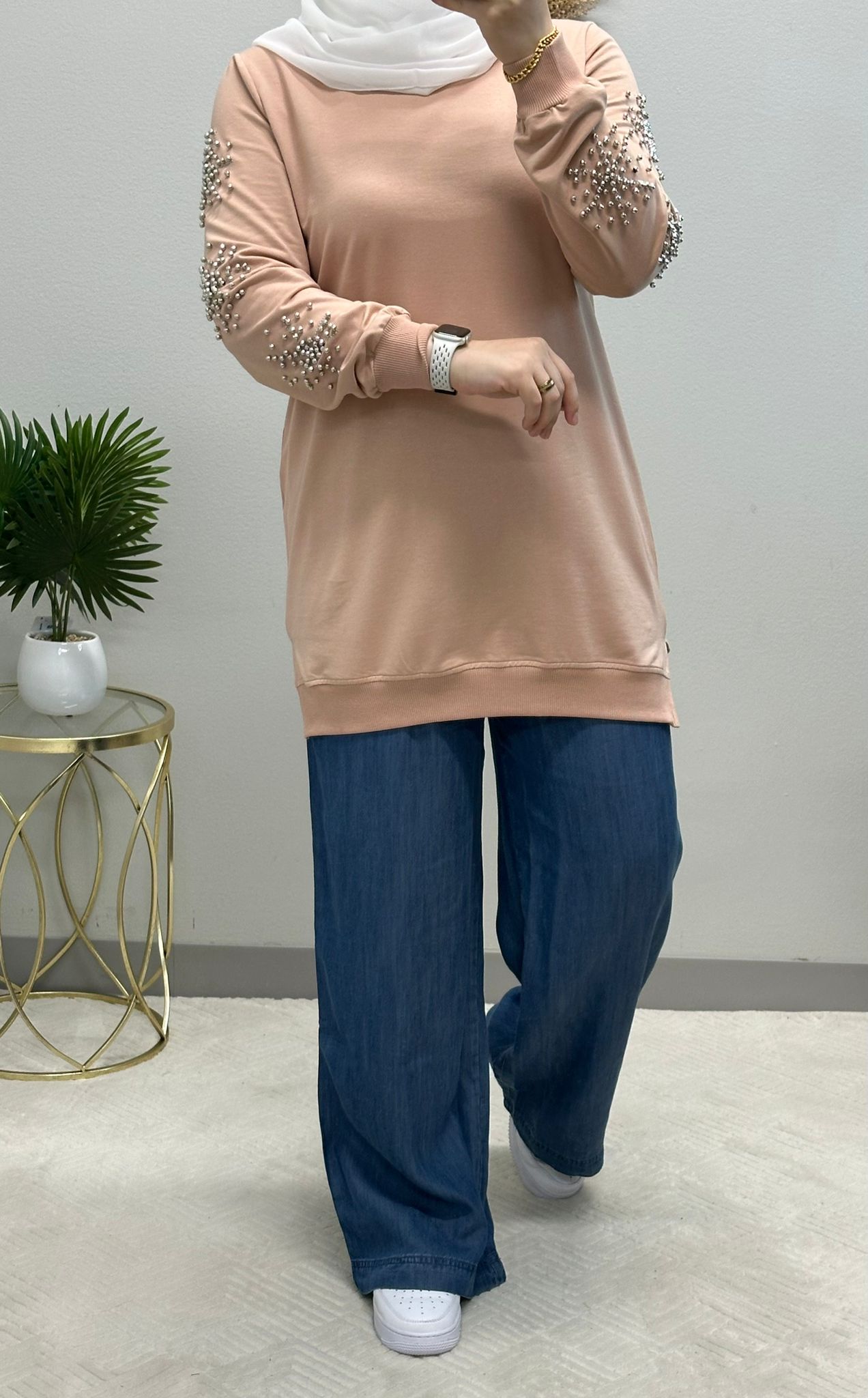 Pure cotton modest soft Sweatshirt Tunic strass embellished sleeves