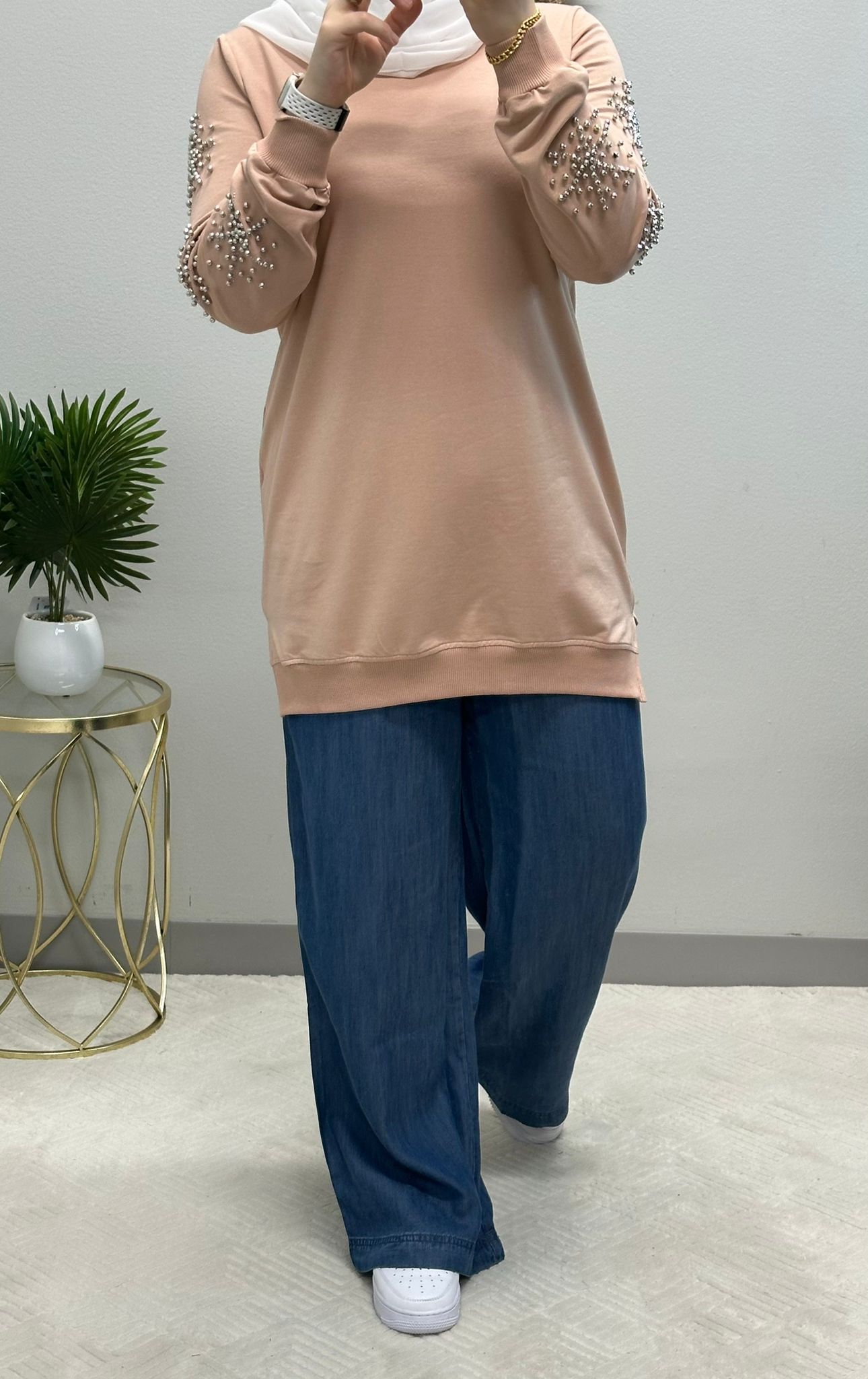 Pure cotton modest soft Sweatshirt Tunic strass embellished sleeves