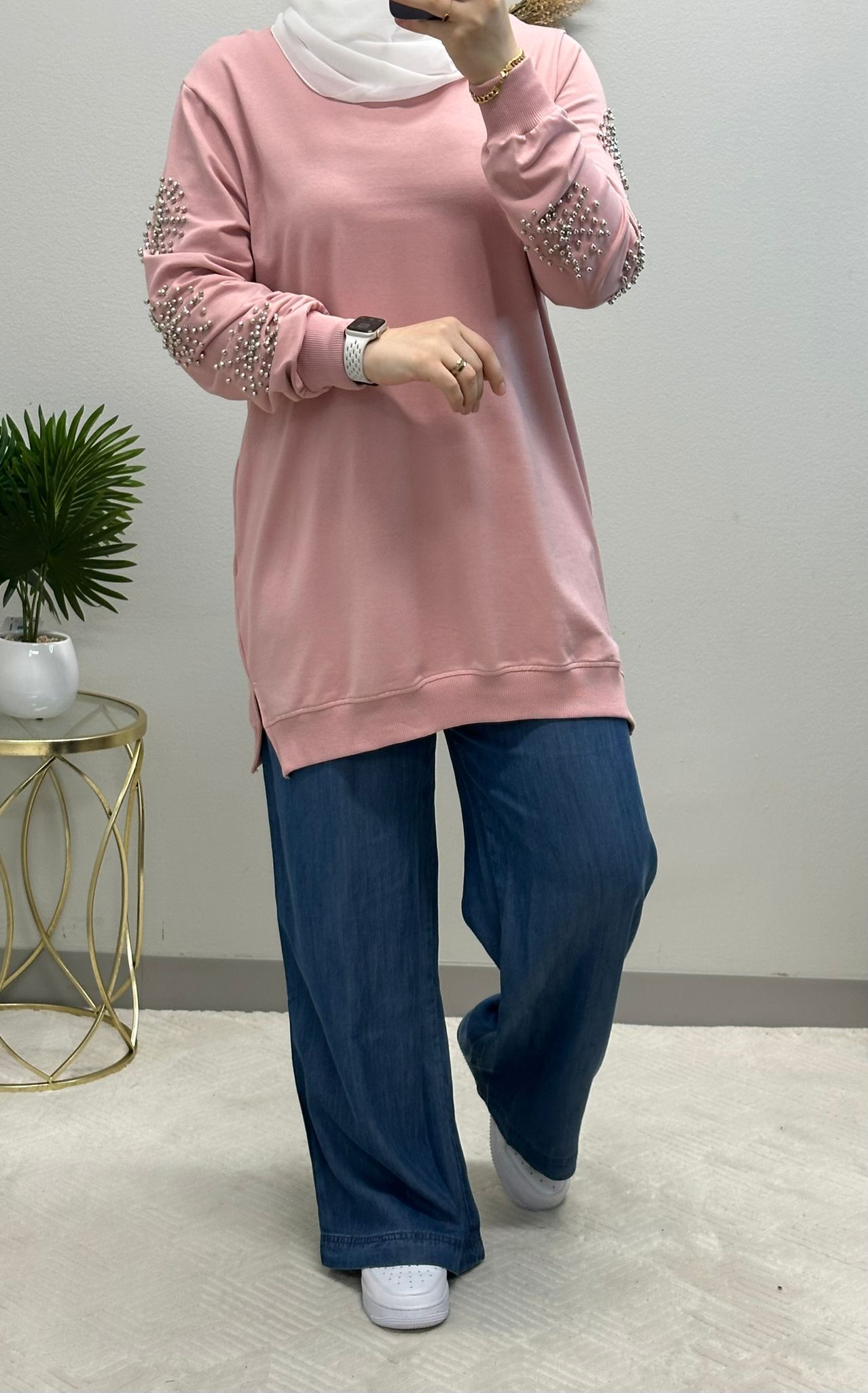 Pure cotton modest soft Sweatshirt Tunic strass embellished sleeves