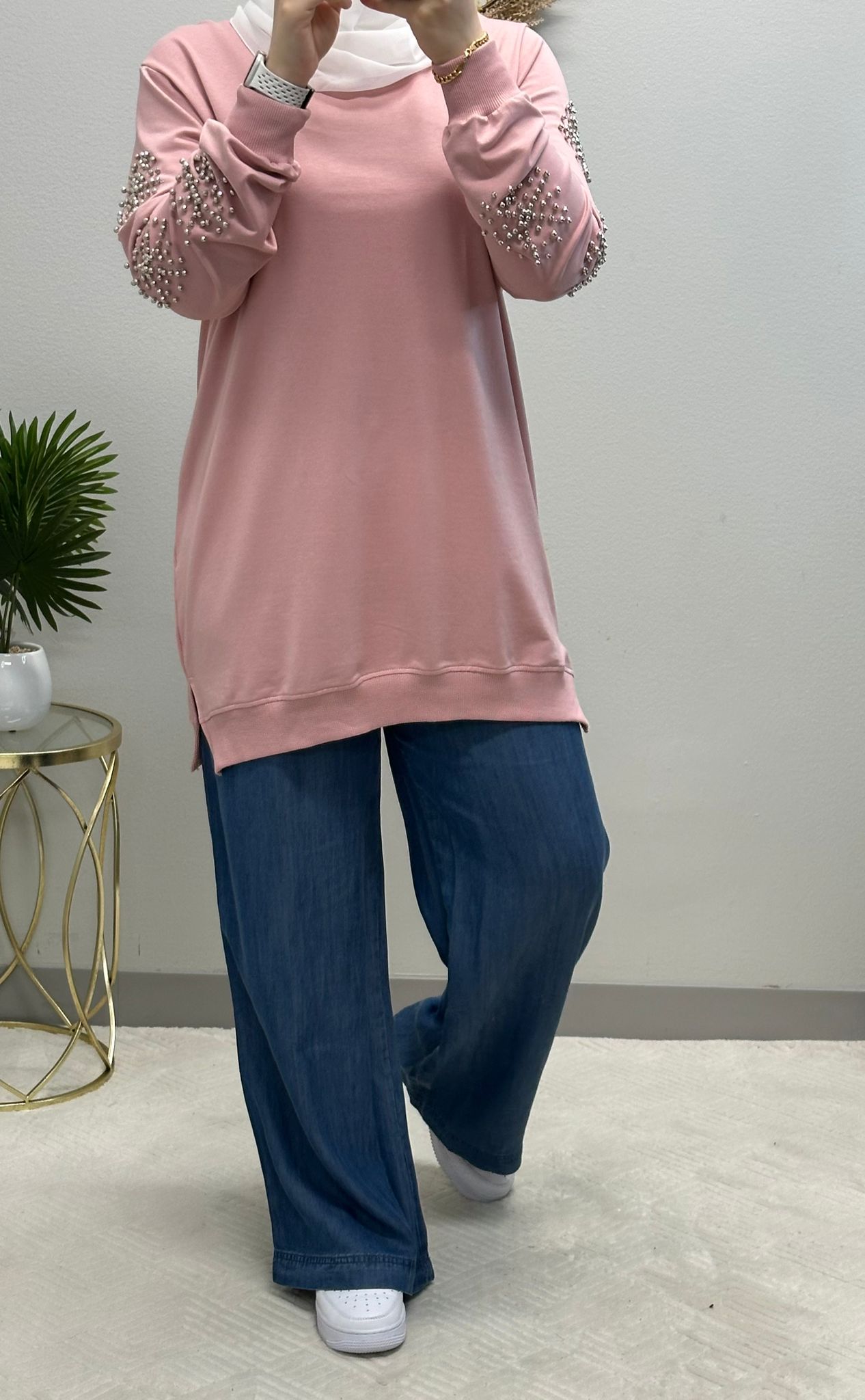 Pure cotton modest soft Sweatshirt Tunic strass embellished sleeves