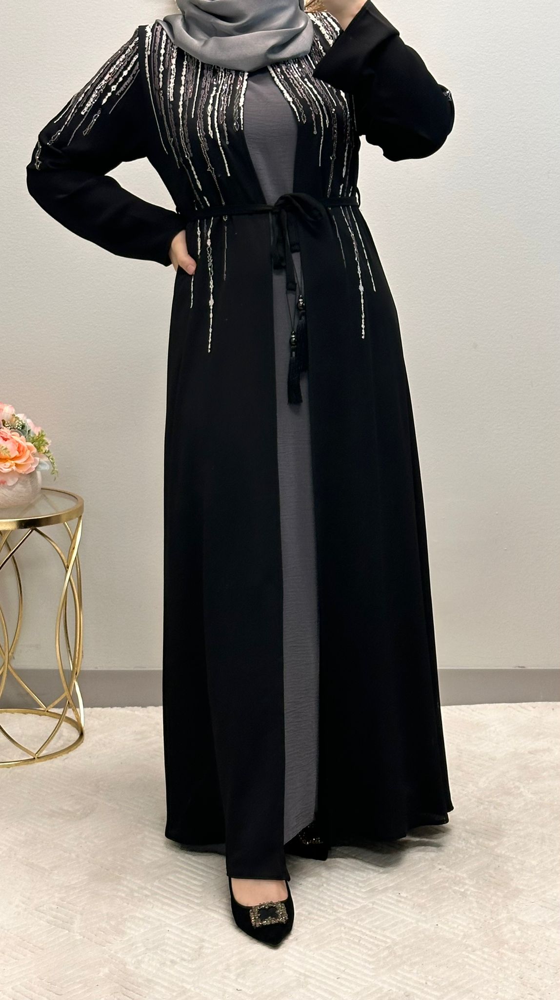 Two-pieces line strass Abaya with belt