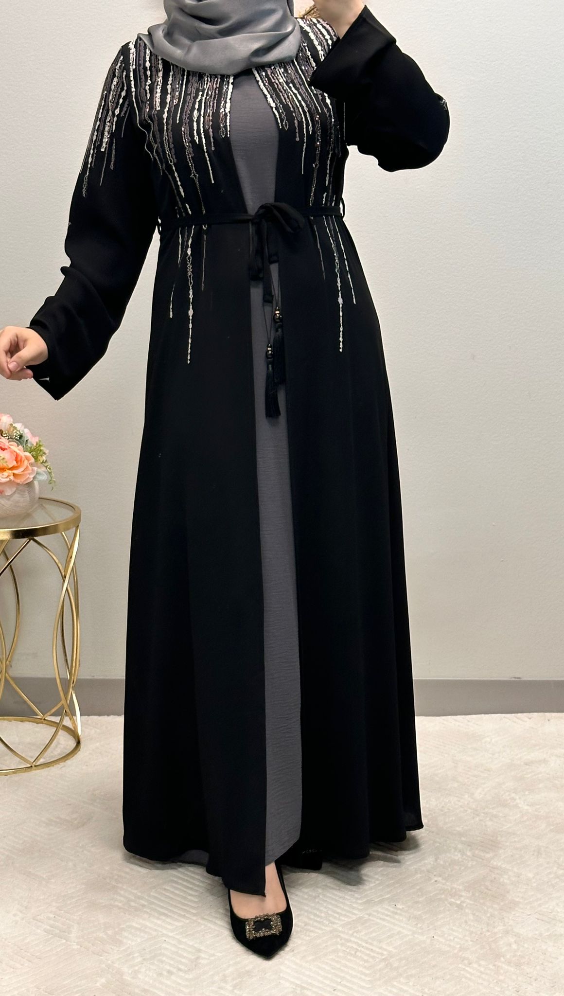 Two-pieces line strass Abaya with belt