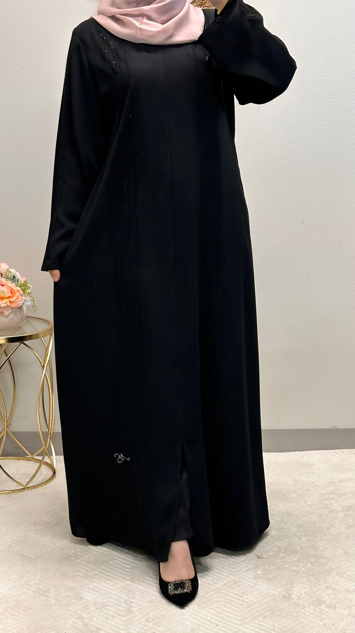 Effortless Elegance: Long Black Abaya with Light Strass Accents