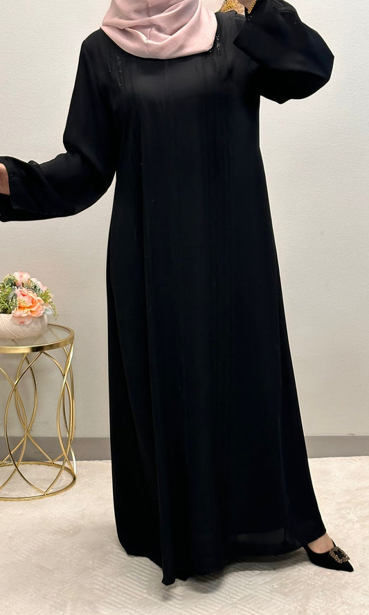 Effortless Elegance: Long Black Abaya with Light Strass Accents