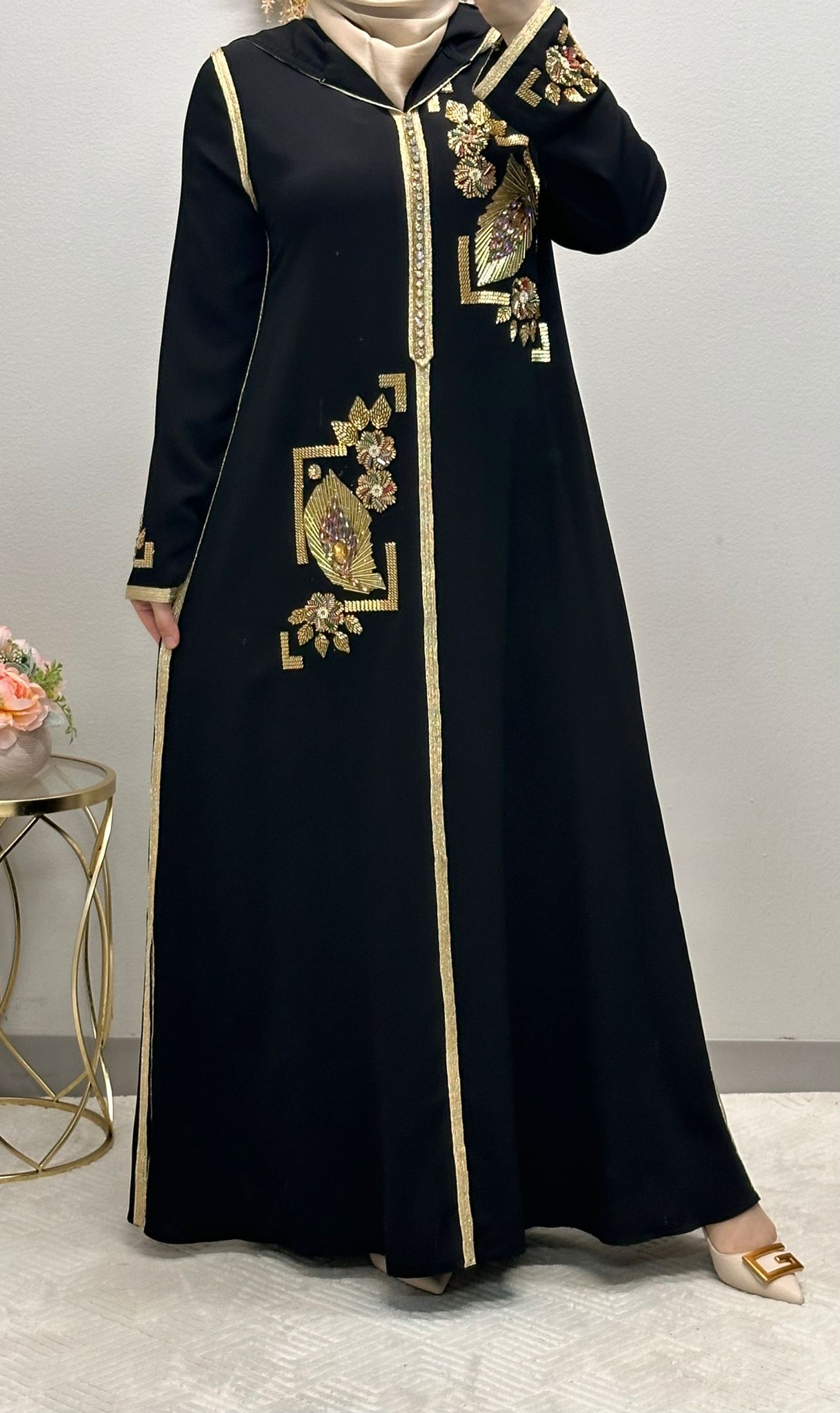 Golden Flower Embroidered Moroccan Abaya