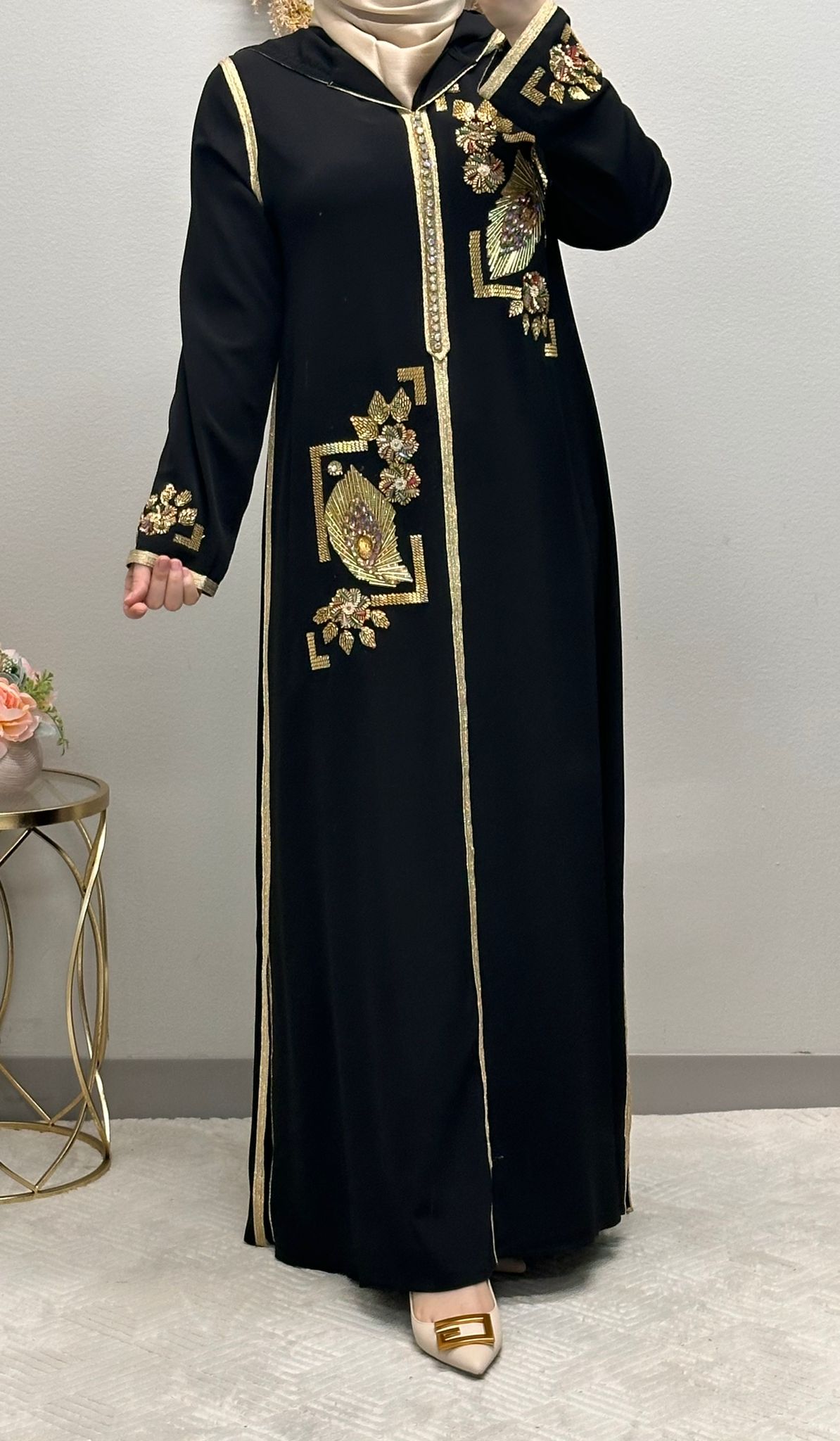 Golden Flower Embroidered Moroccan Abaya