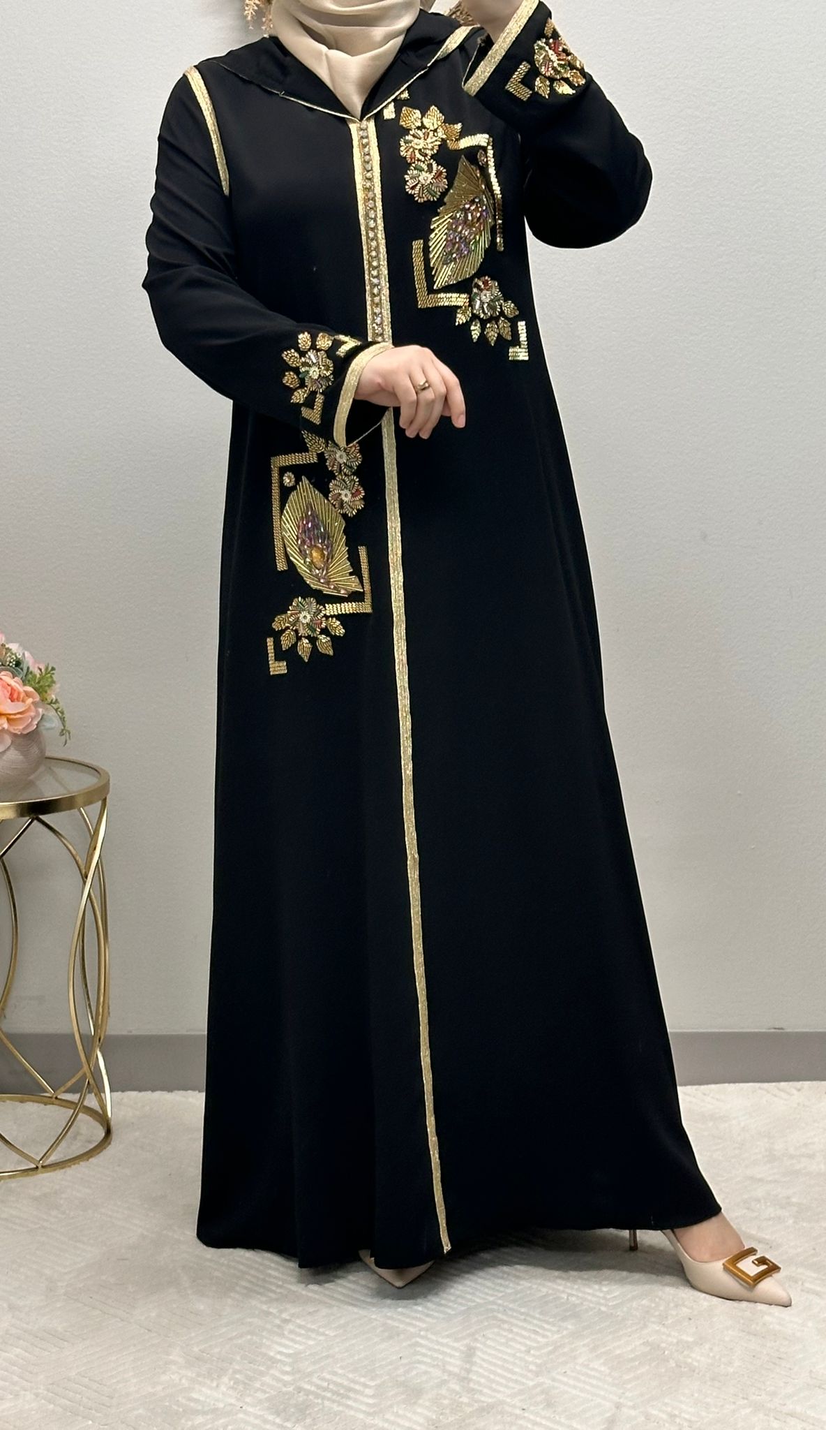 Golden Flower Embroidered Moroccan Abaya