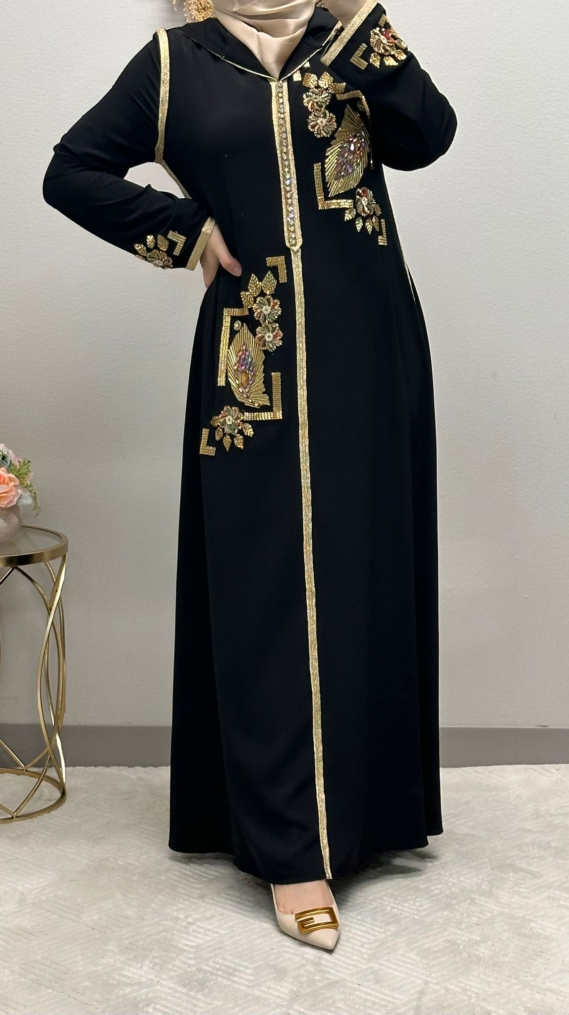 Golden Flower Embroidered Moroccan Abaya