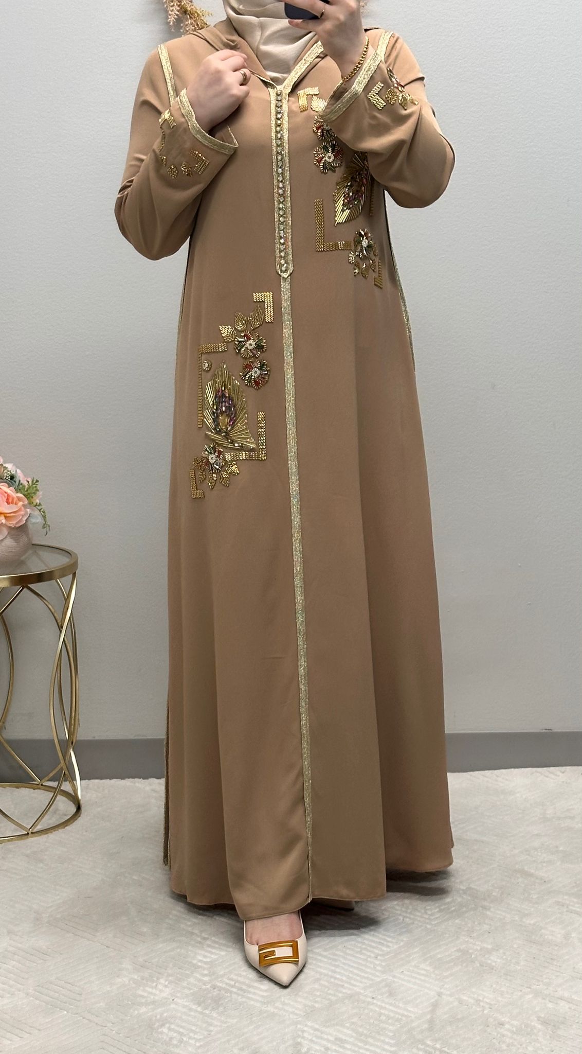 Golden Flower Embroidered Moroccan Abaya