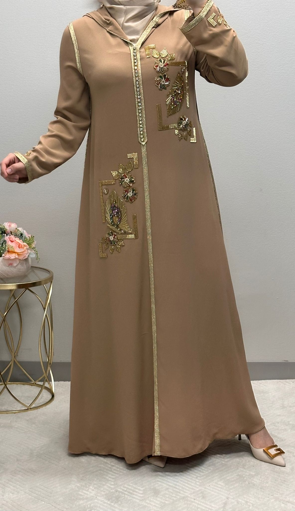 Golden Flower Embroidered Moroccan Abaya