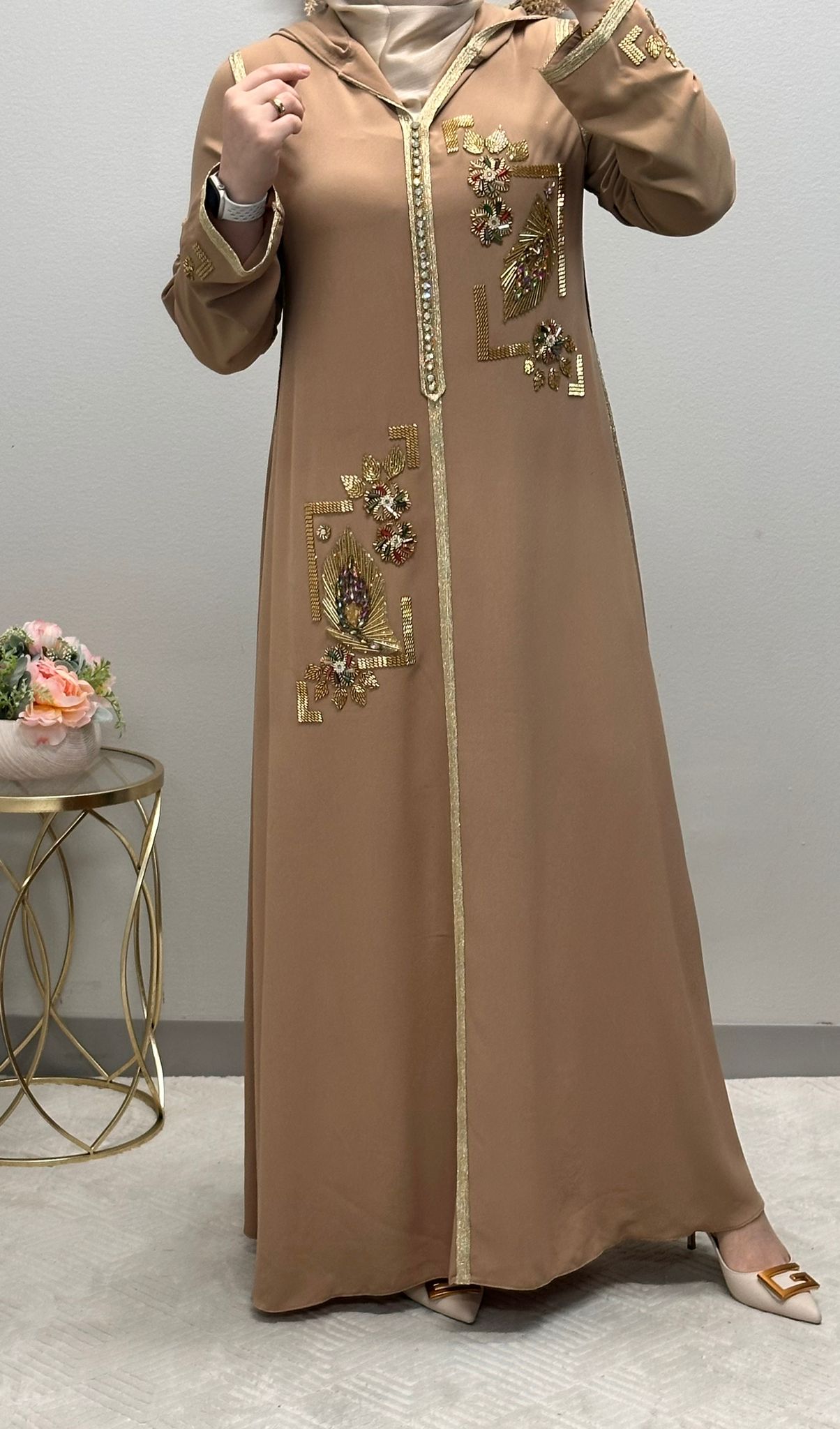 Golden Flower Embroidered Moroccan Abaya