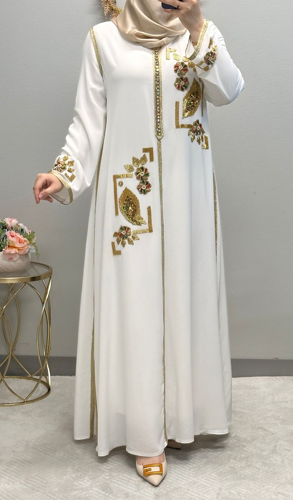 Golden Flower Embroidered Moroccan Abaya